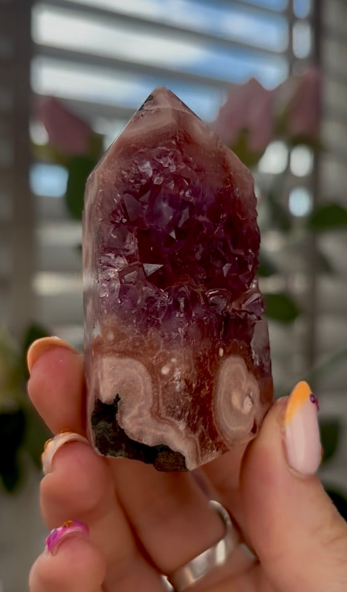 Beautiful, high quality, Pink amethyst tower with purple druzy & green jasper 6.8cm by 4cm