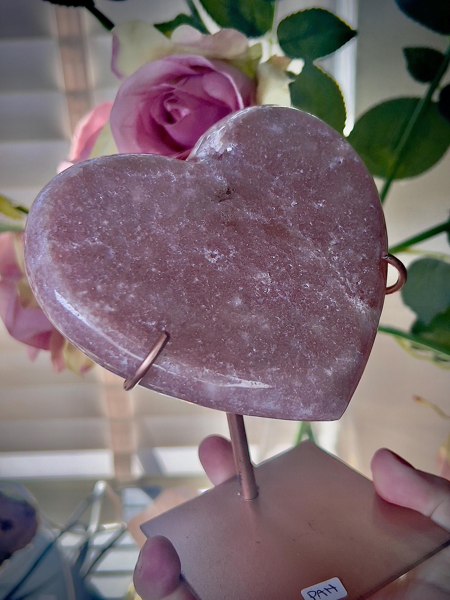 Deep Pink amethyst heart on custom stand - which has scratches (discount added) can easily be repainted