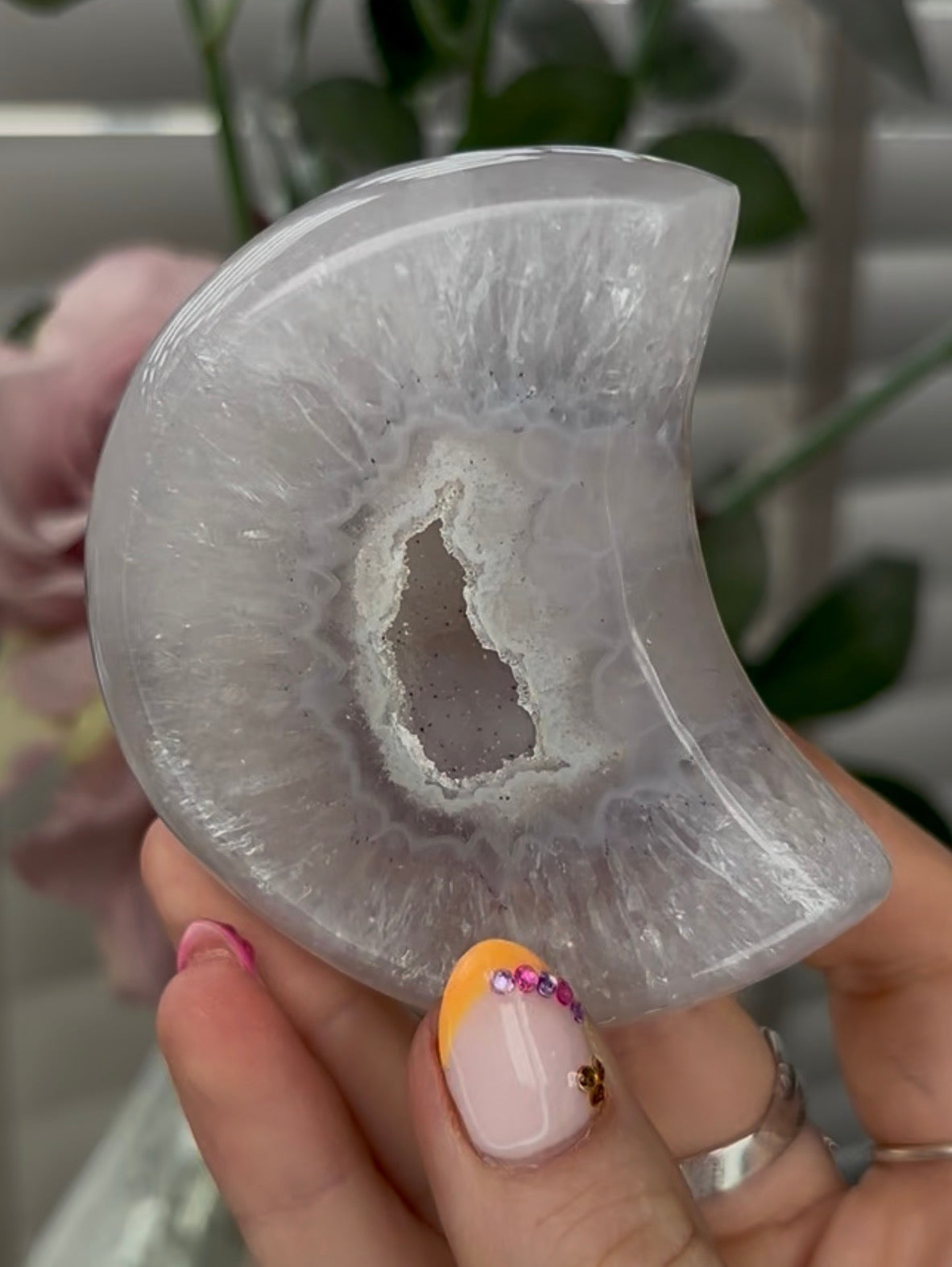 Beautiful, high grade, agate moon with druzy - comes with stand