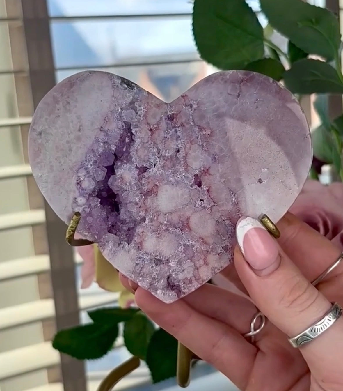 High quality pink amethyst heart with quartz - comes with stand