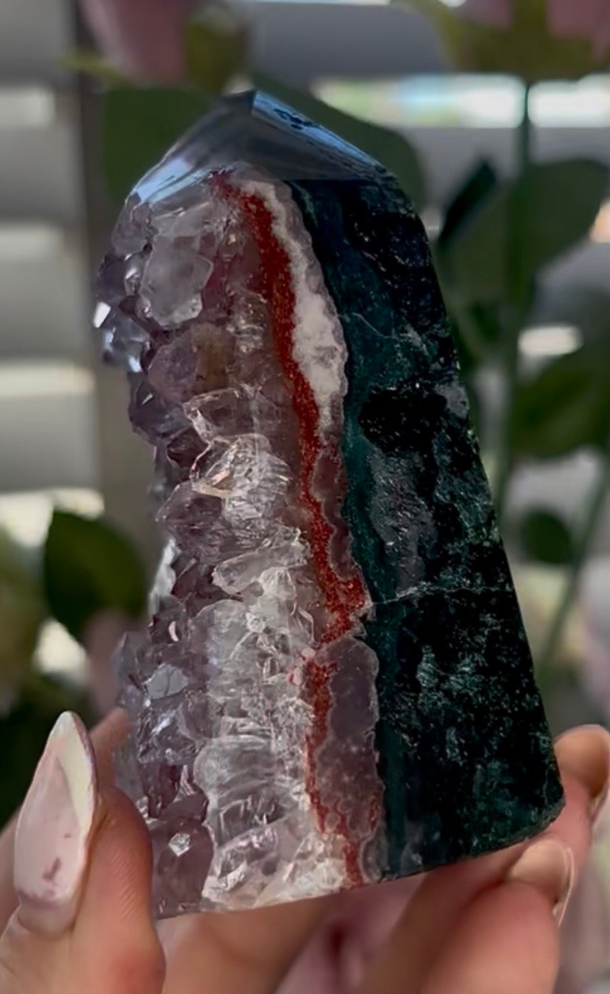 Beautiful, high quality, Pink amethyst tower with red quartz druzy on a Green jasper back