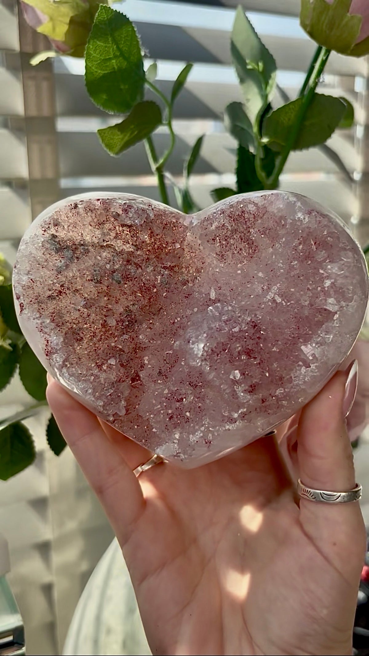 Gorgeous, pink amethyst heart- comes with stand