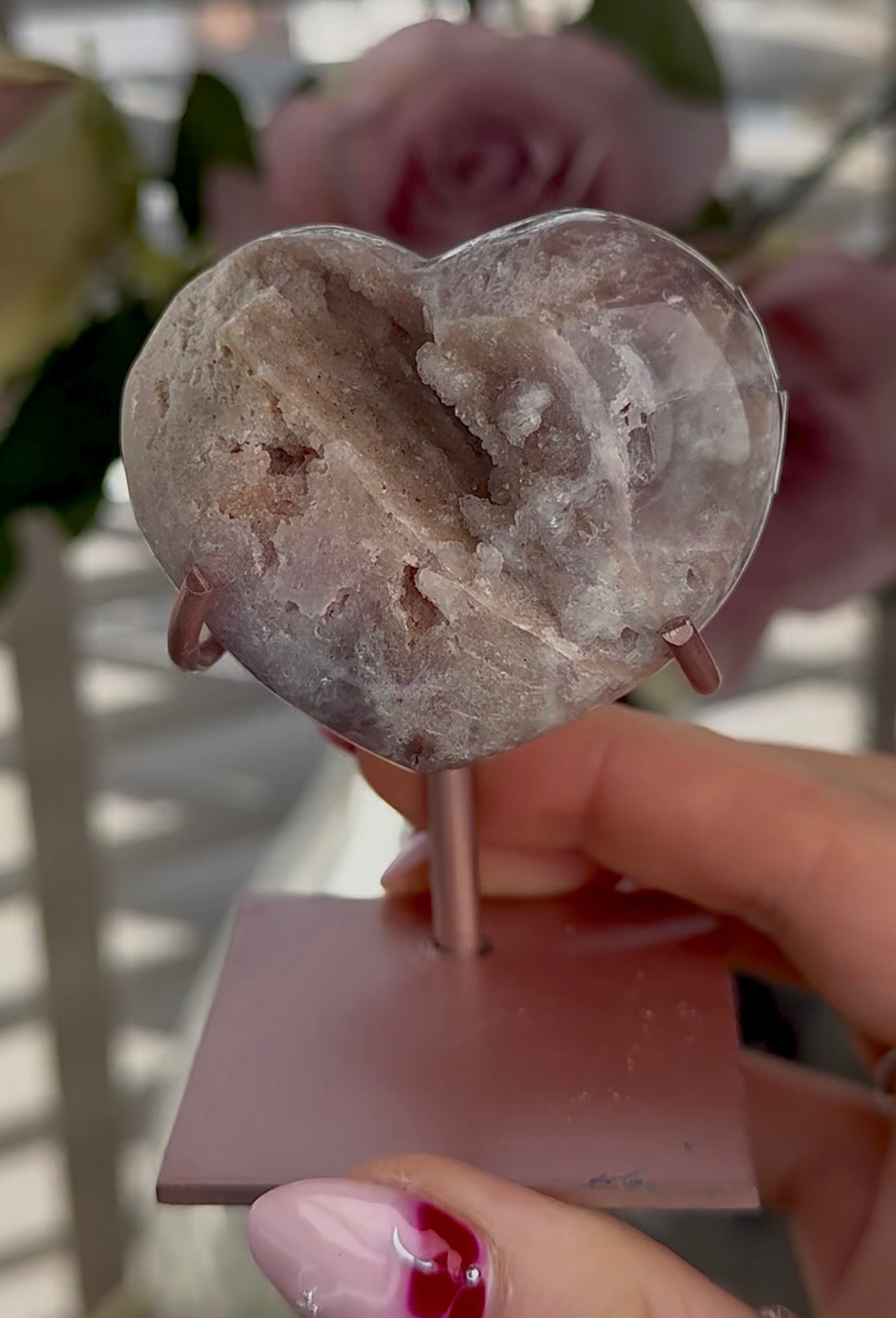 pink amethyst heart - comes with stand
