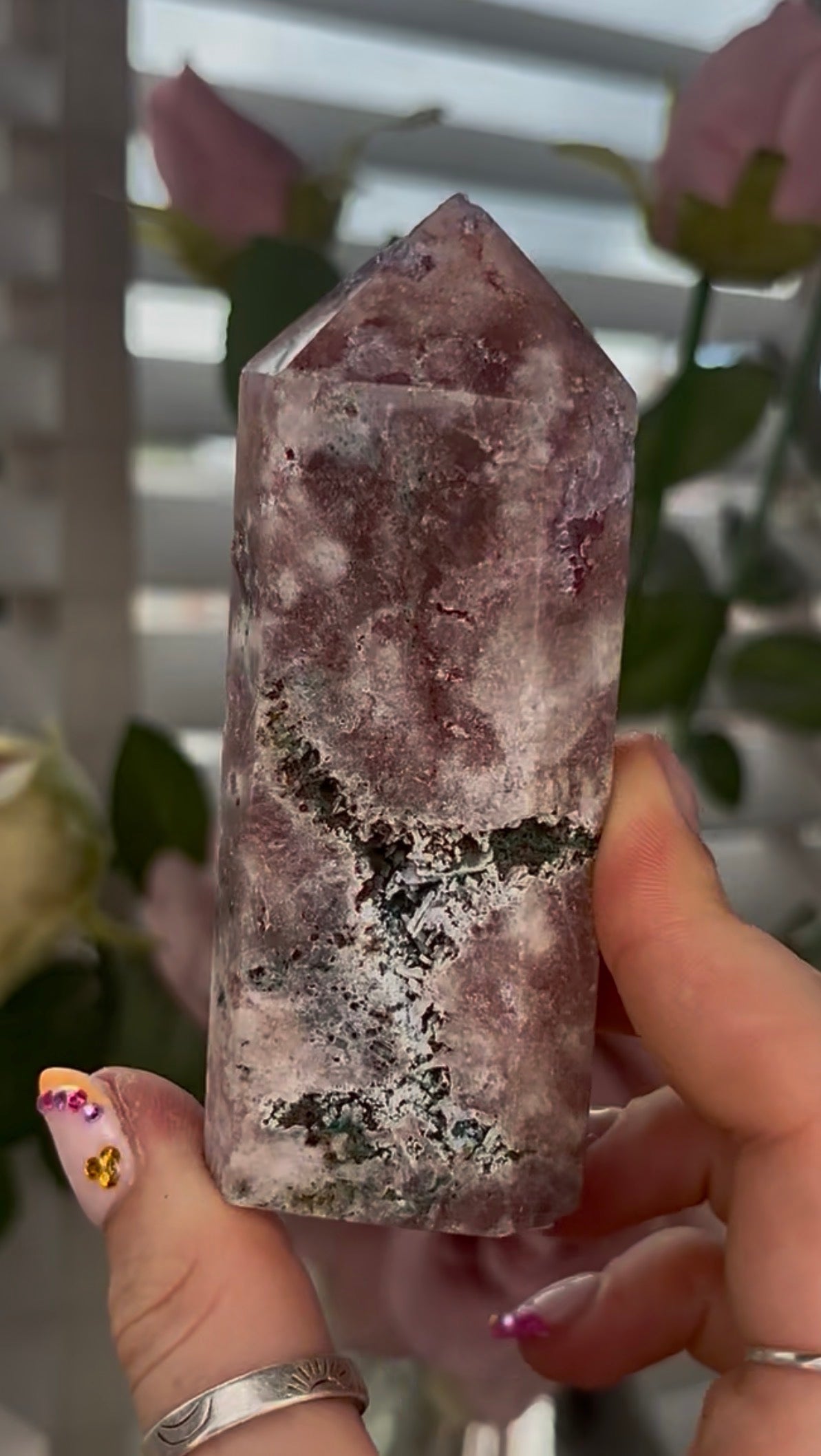 Pretty, Pink amethyst tower, with purple quartz druzy & green jasper