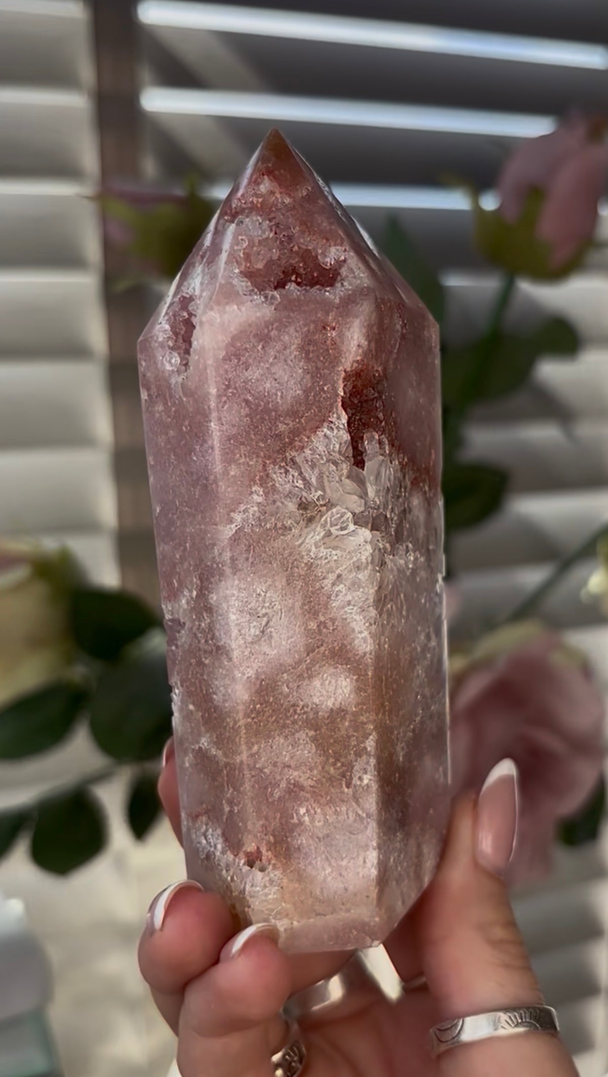Beautiful, Pink amethyst tower with quartz 12.5cm(h) by 5cm(w)