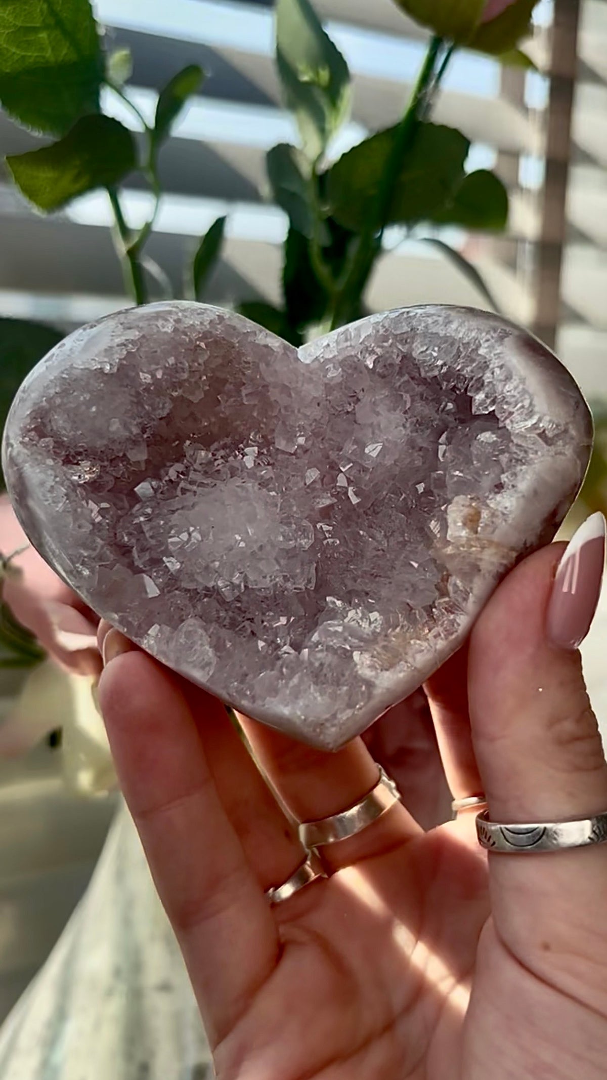 Gorgeous, pink amethyst heart- comes with stand
