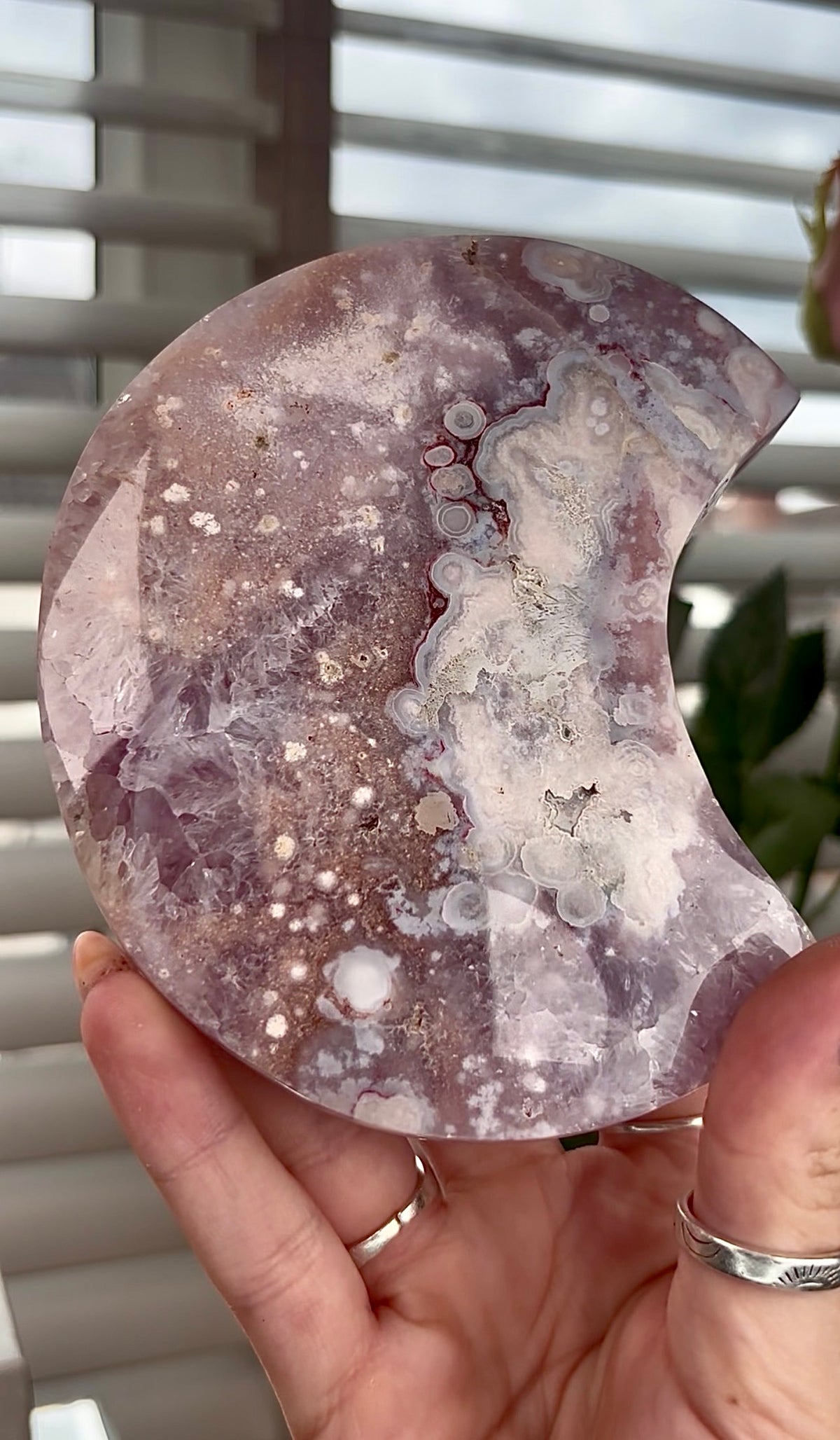 High grade, amethyst Flower agate moon with high clarity quartz