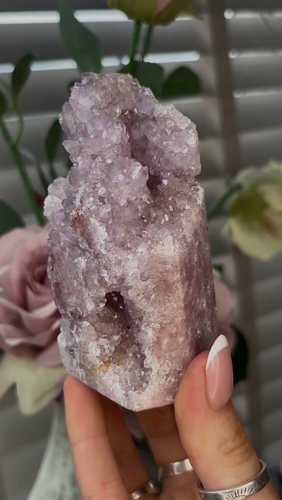 Beautiful, hq, druzy, Pink amethyst tower 10cm(h) by 5.5cm(w)