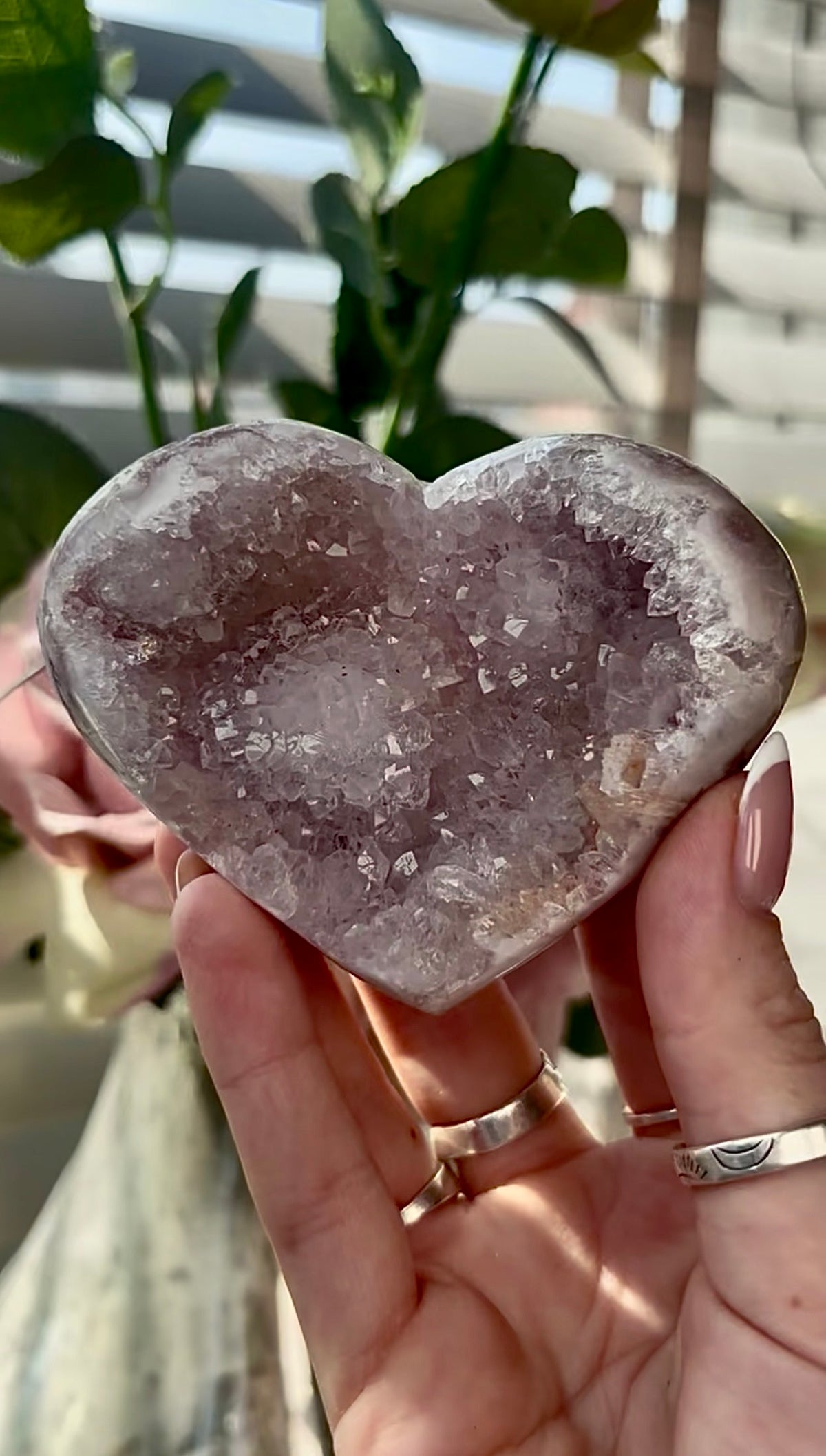 Gorgeous, pink amethyst heart- comes with stand
