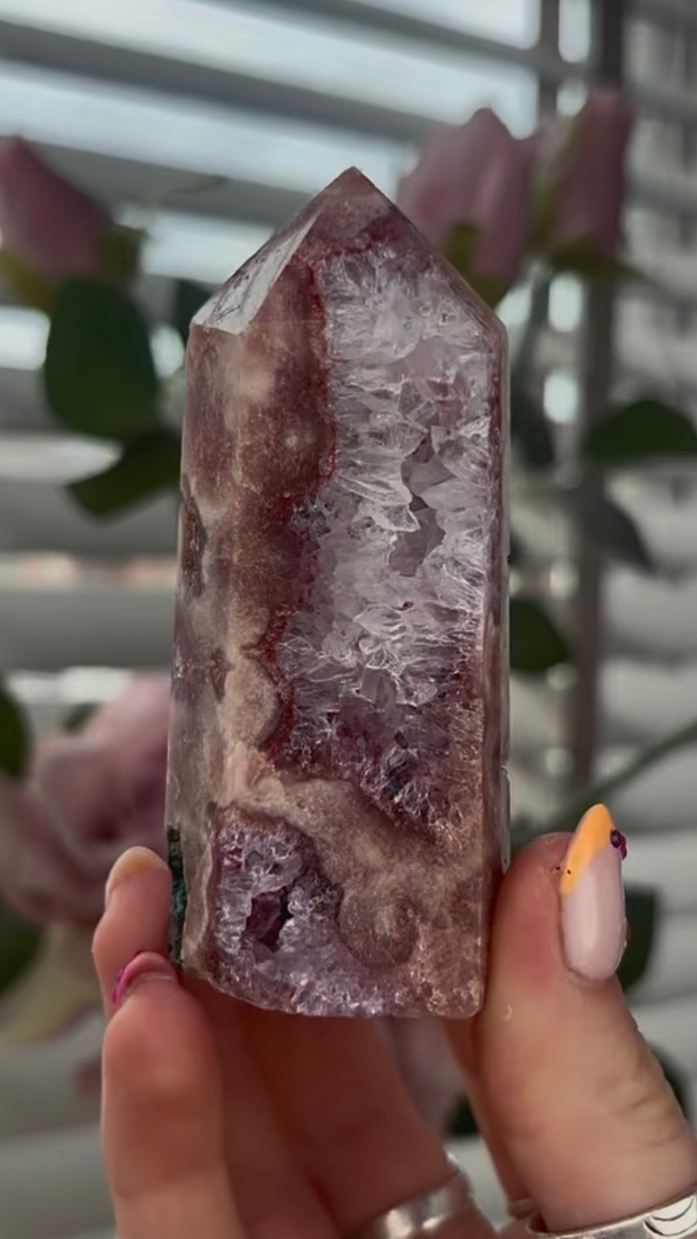 High quality, Pink amethyst tower, with quartz & Green jasper