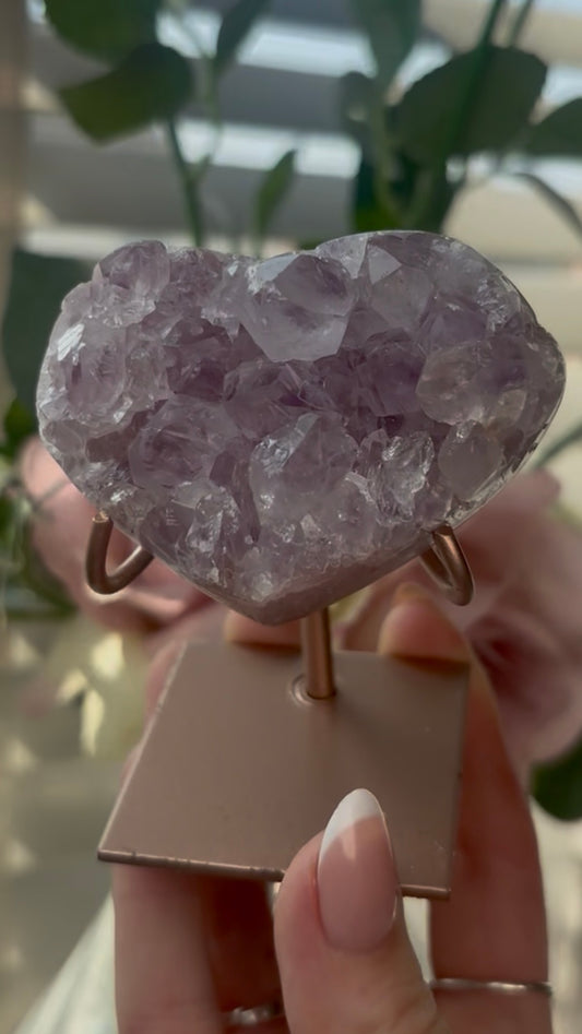 Gorgeous, high quality, pink amethyst heart with lilac quartz  - comes with stand