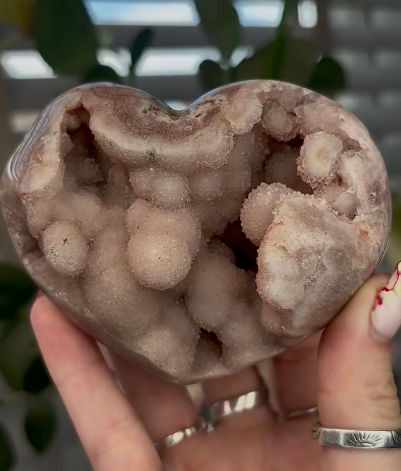 Chunky pink amethyst heart with bubble formations - comes with stand (9.6cm)