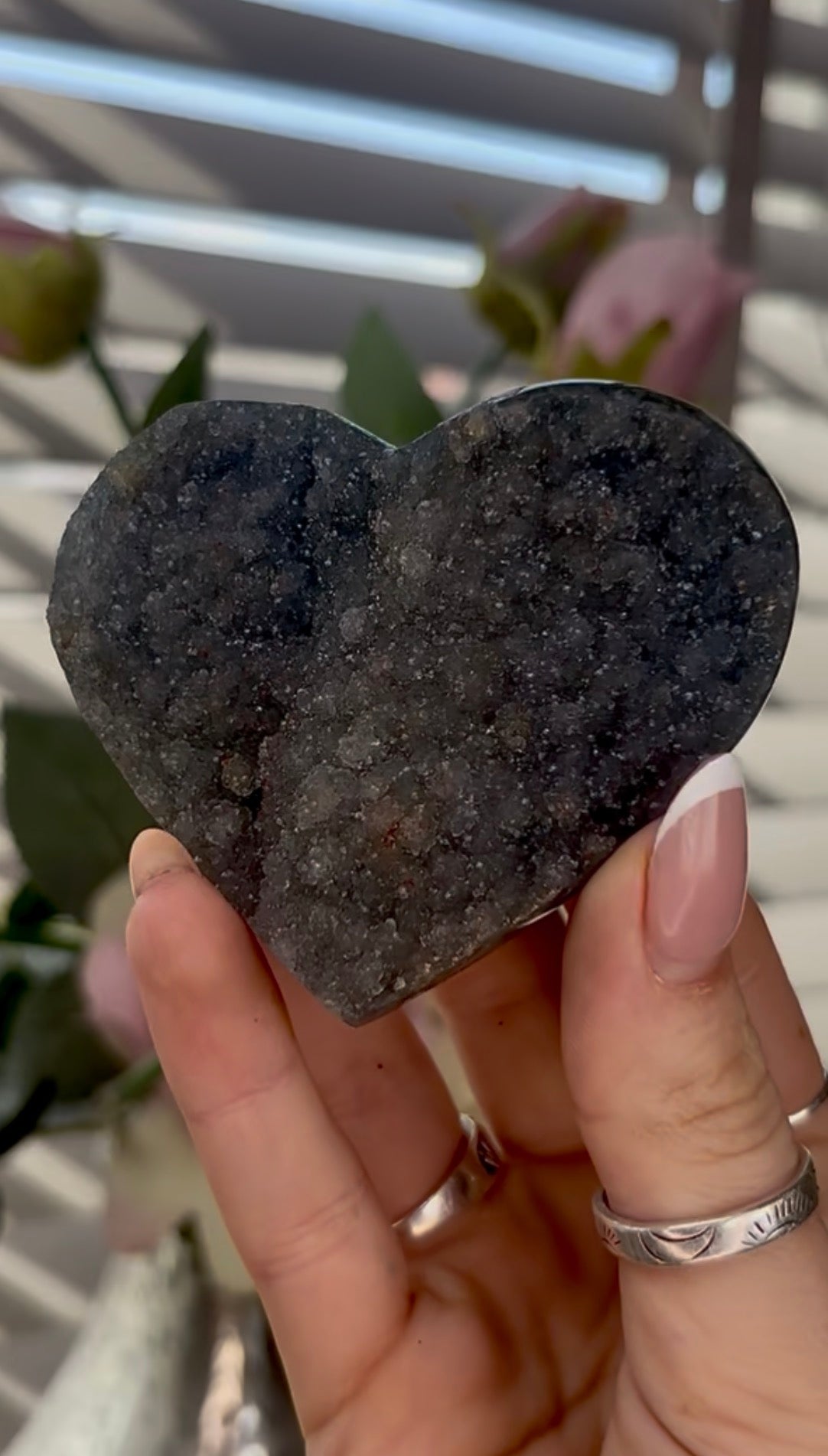 Uruguay, rainbow amethyst heart in black tone - comes with stand