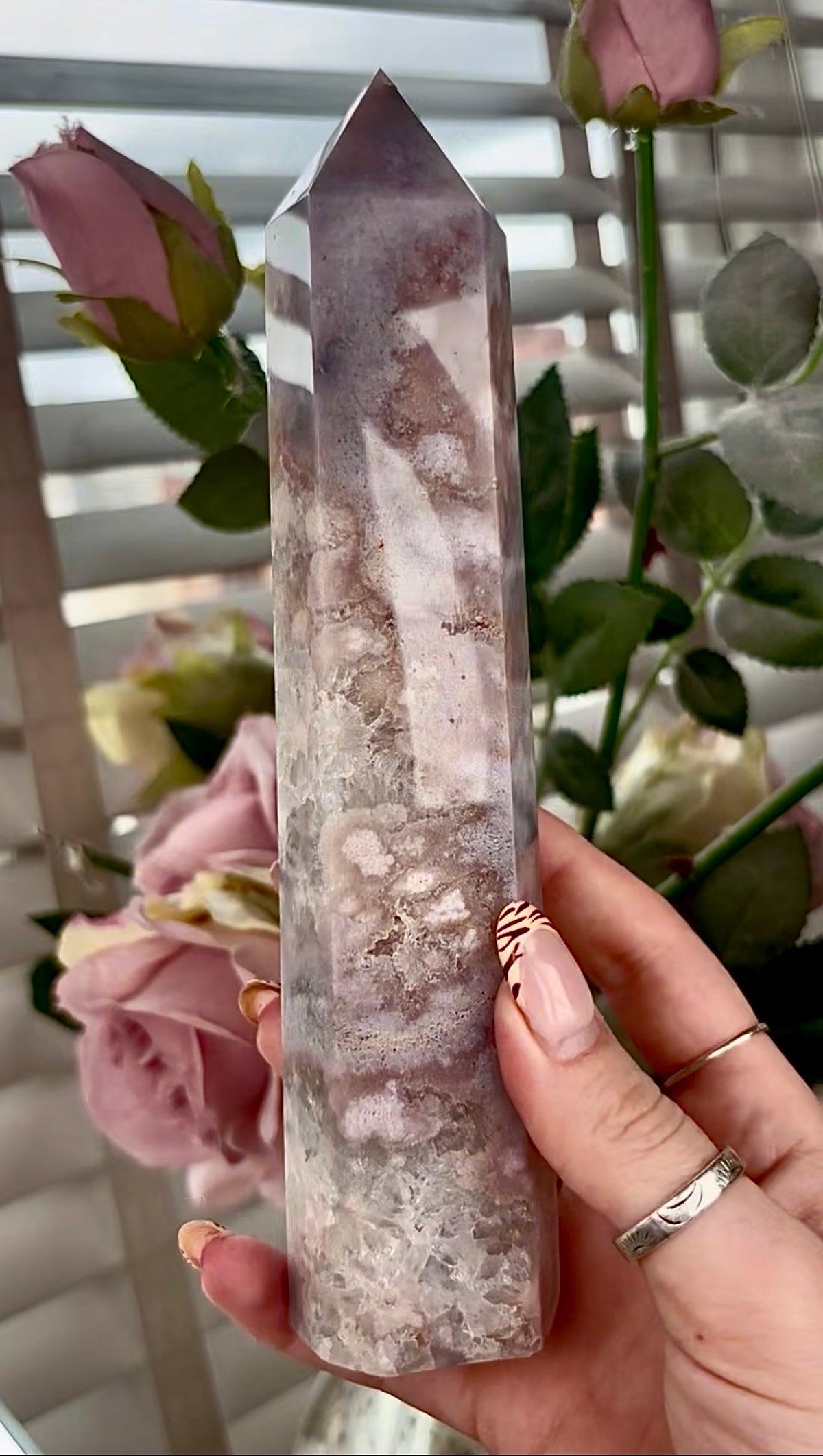 Stunning!! Super high quality, Druzy, green chlorite x blue flower agate tower