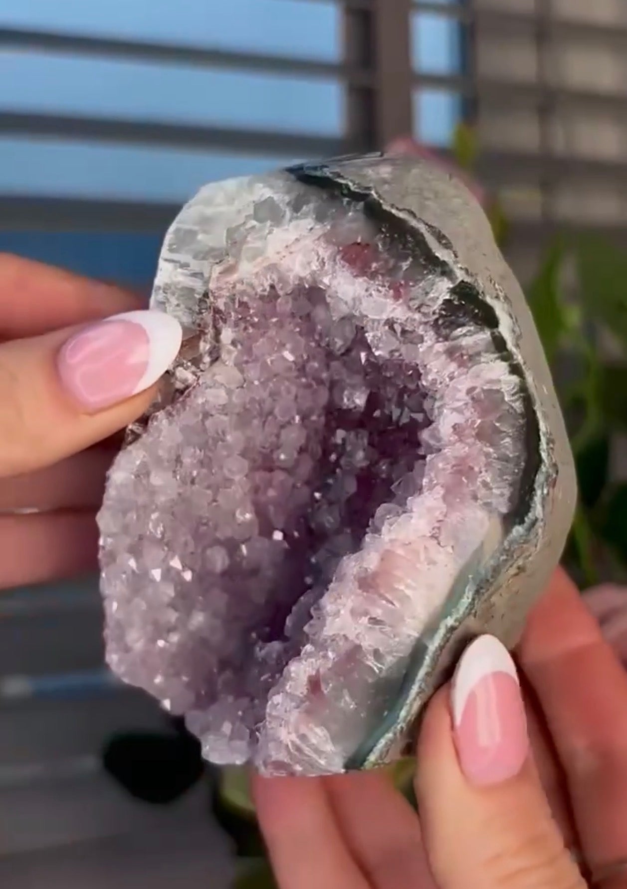 High quality, lavender, pink toned, double cave rainbow amethyst, cutbase with calcite