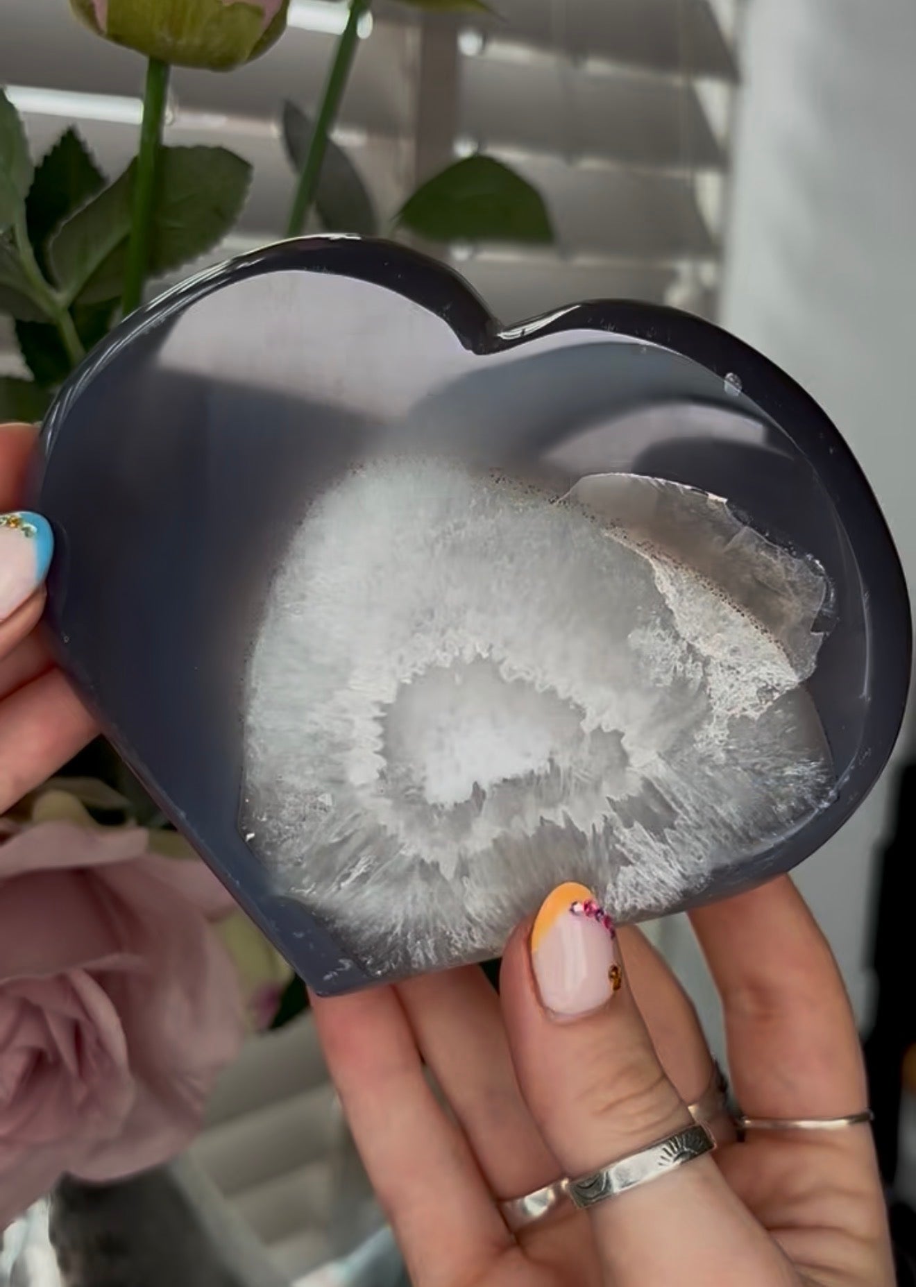 Beautiful, high grade, blue agate heart with druzy - comes with stand