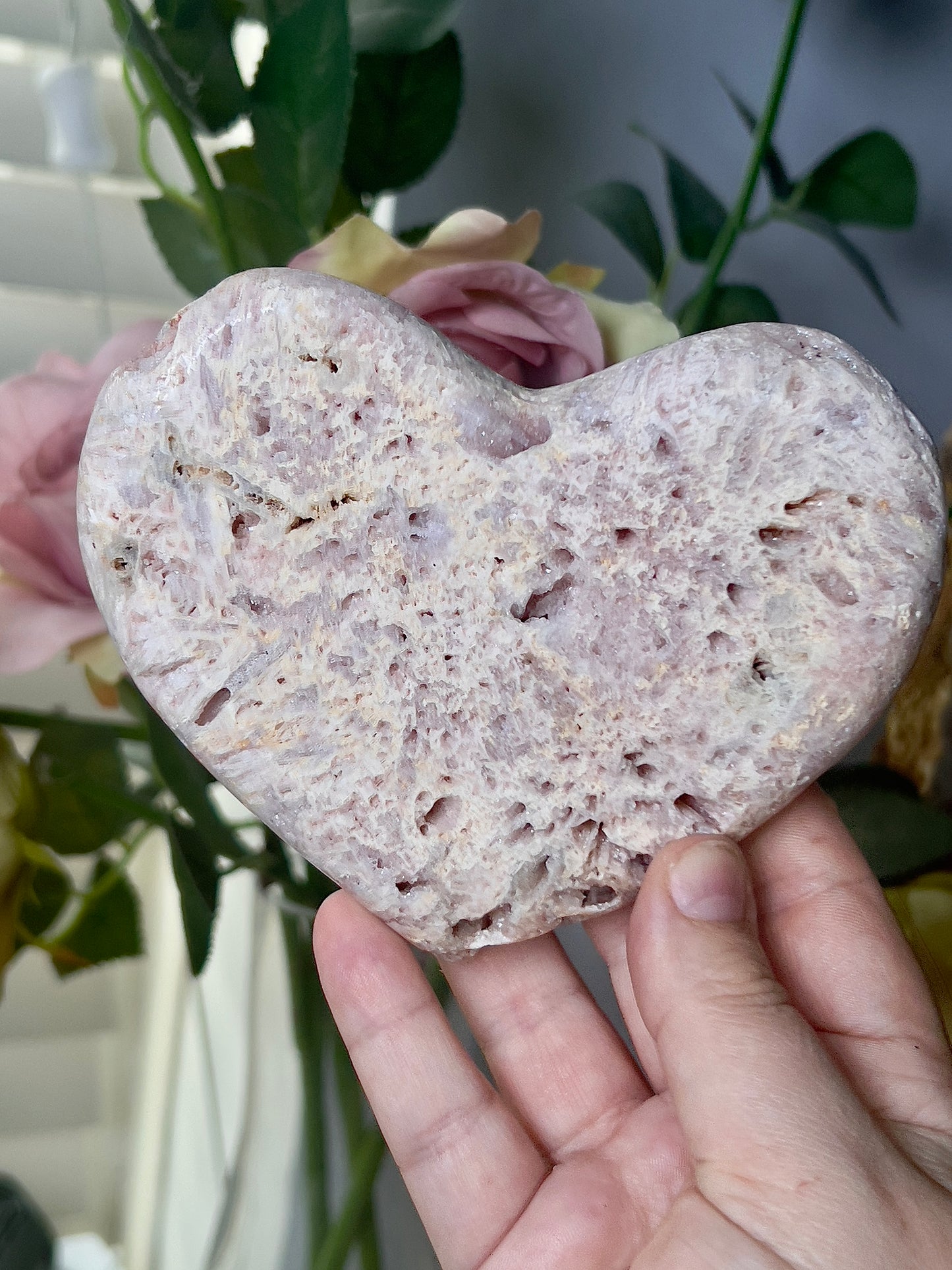 Rutile pink amethyst heart - comes with stand