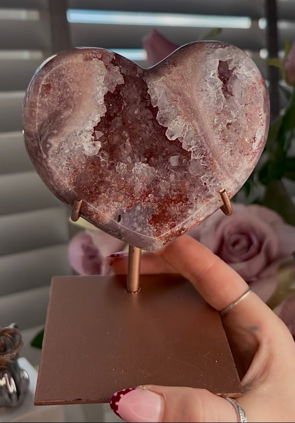High quality pink amethyst heart - comes with stand