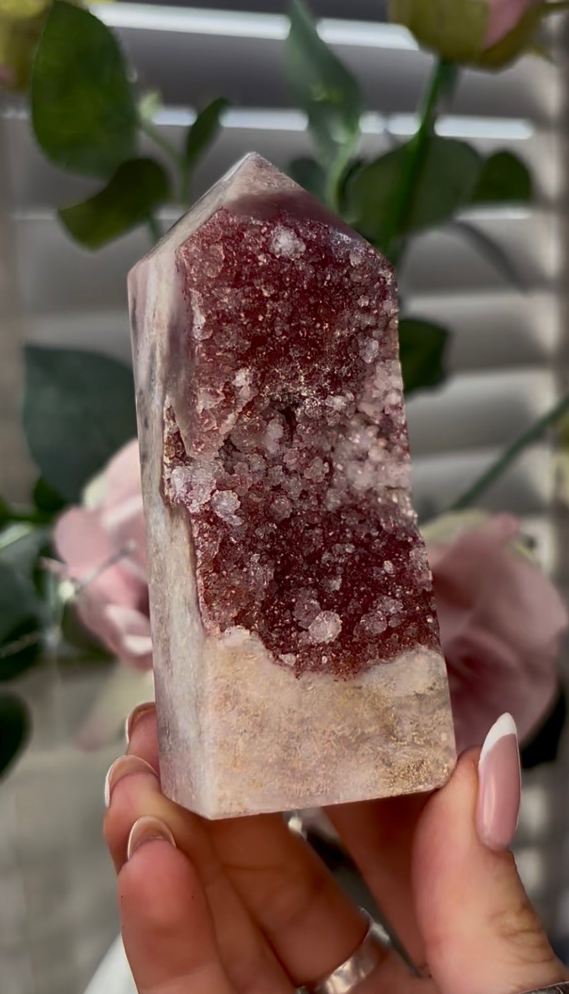 Beautiful, hq, druzy, Pink amethyst tower 10cm(h) by 5cm(w)
