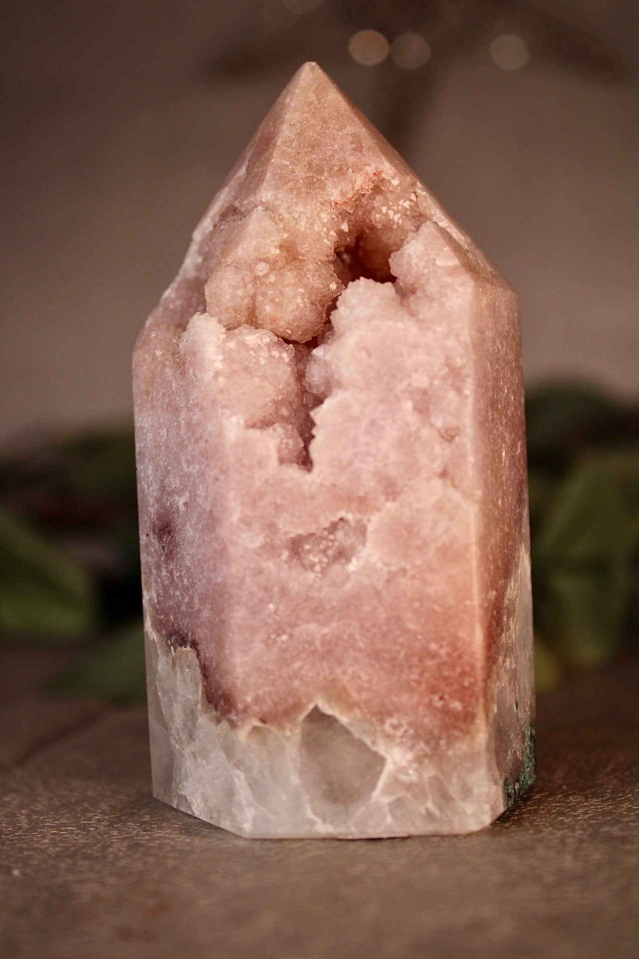 High grade pink amethyst tower with quartz bottom 295g 9.5cm tall