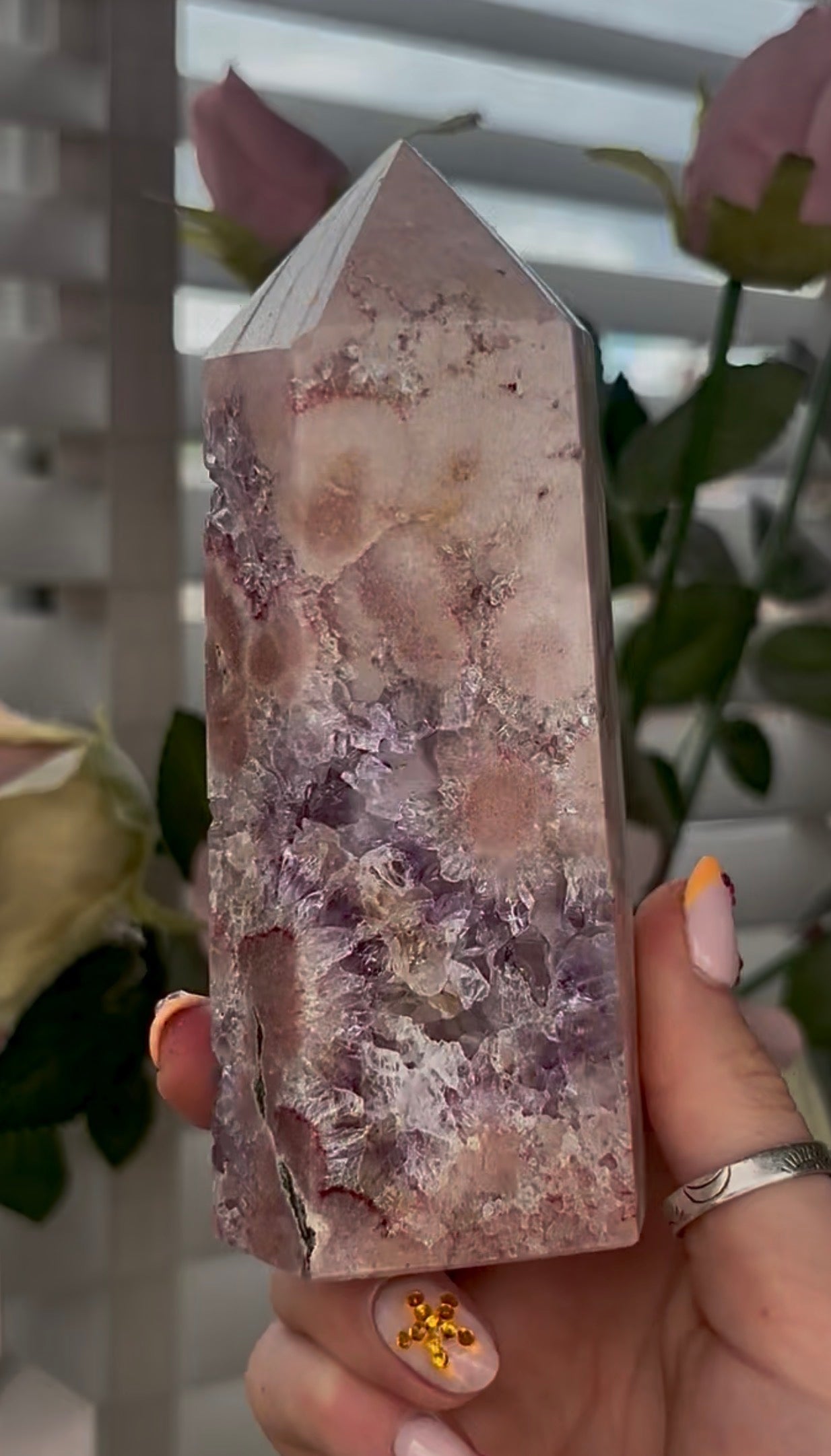 Pretty, Pink amethyst tower, with purple quartz druzy