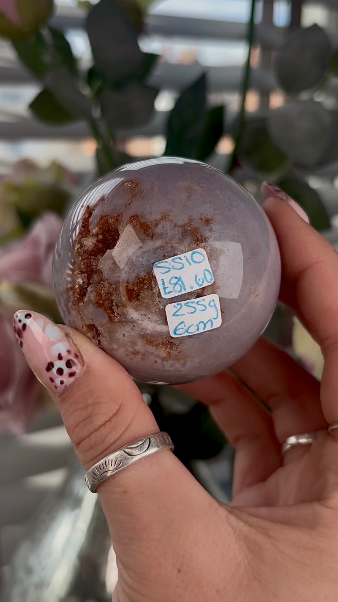 High grade, Pink amethyst Flower agate sphere with druzy quartz- 6cm