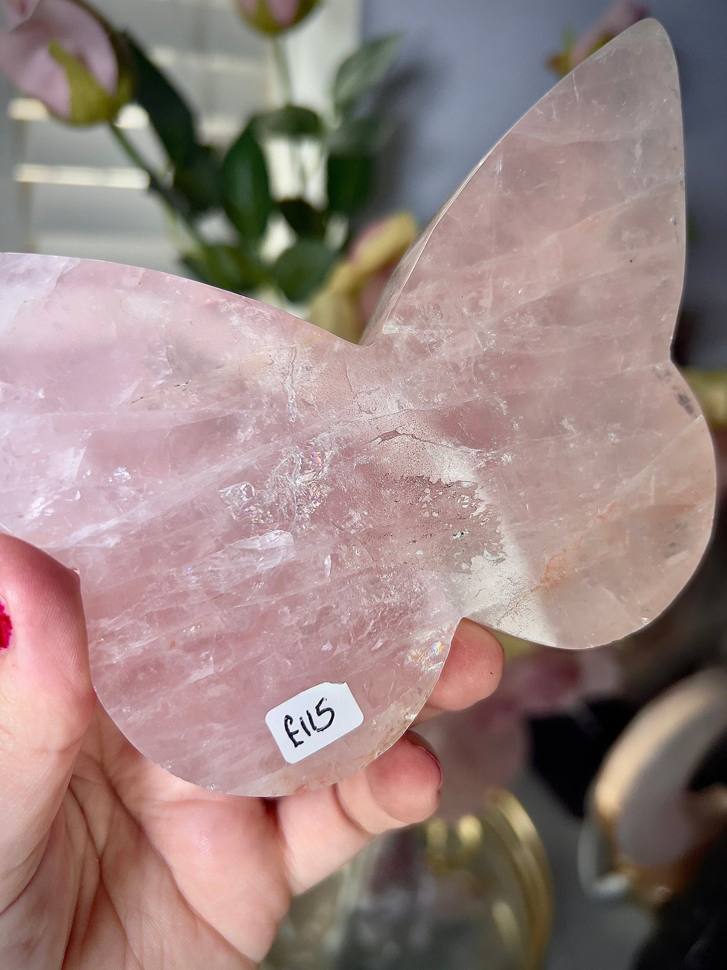 High grade, rose quartz butterfly with gold pedestal stand