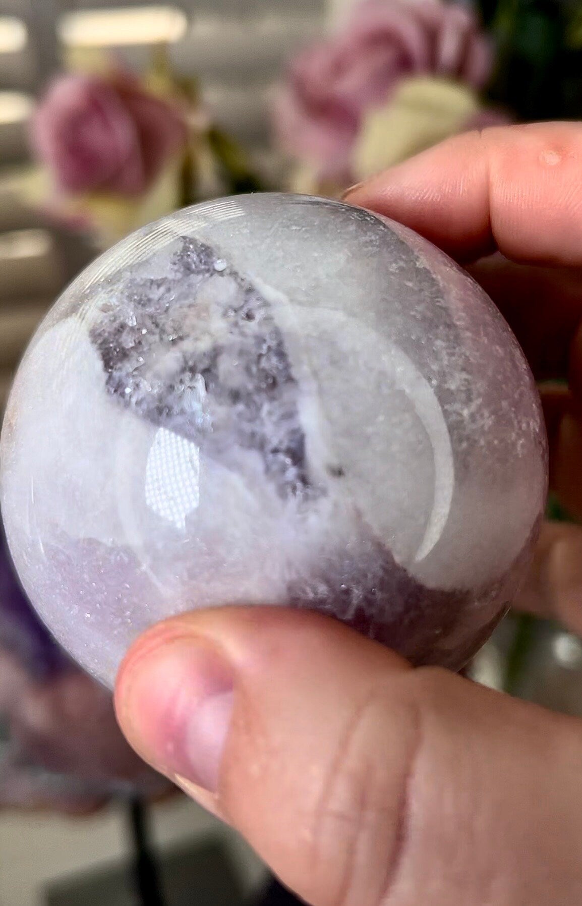light pink amethyst sphere with chunky, druzy, teeth 380g