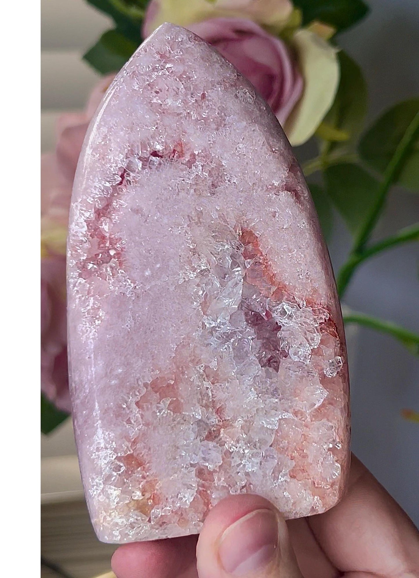 High grade, baby pink amethyst flame with red and purple druzy 315g