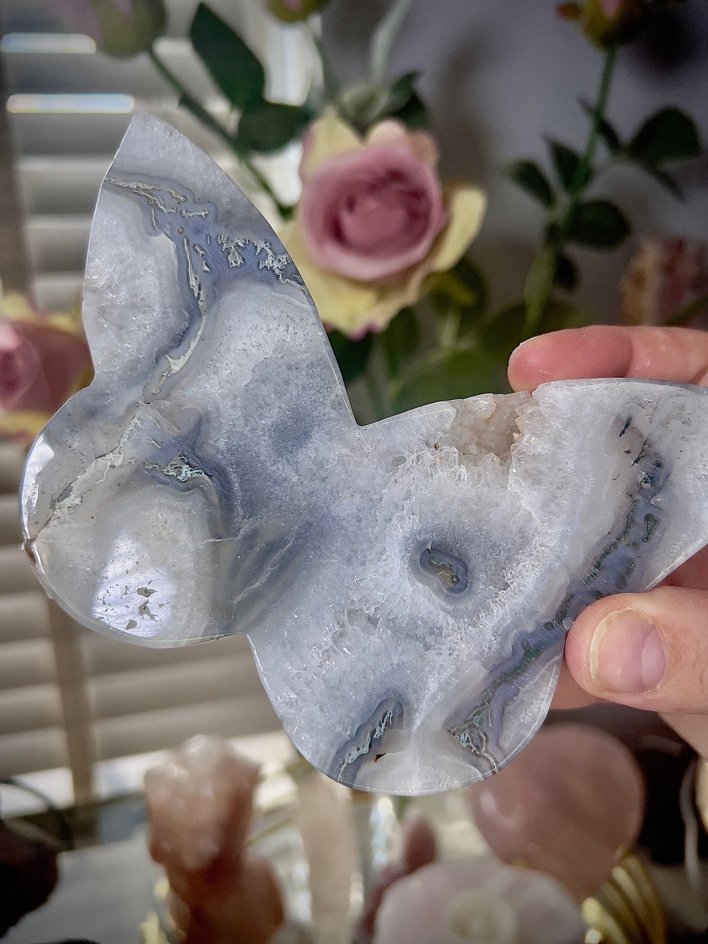 High grade, blue moss agate & quartz, butterfly with, gold pedestal stand