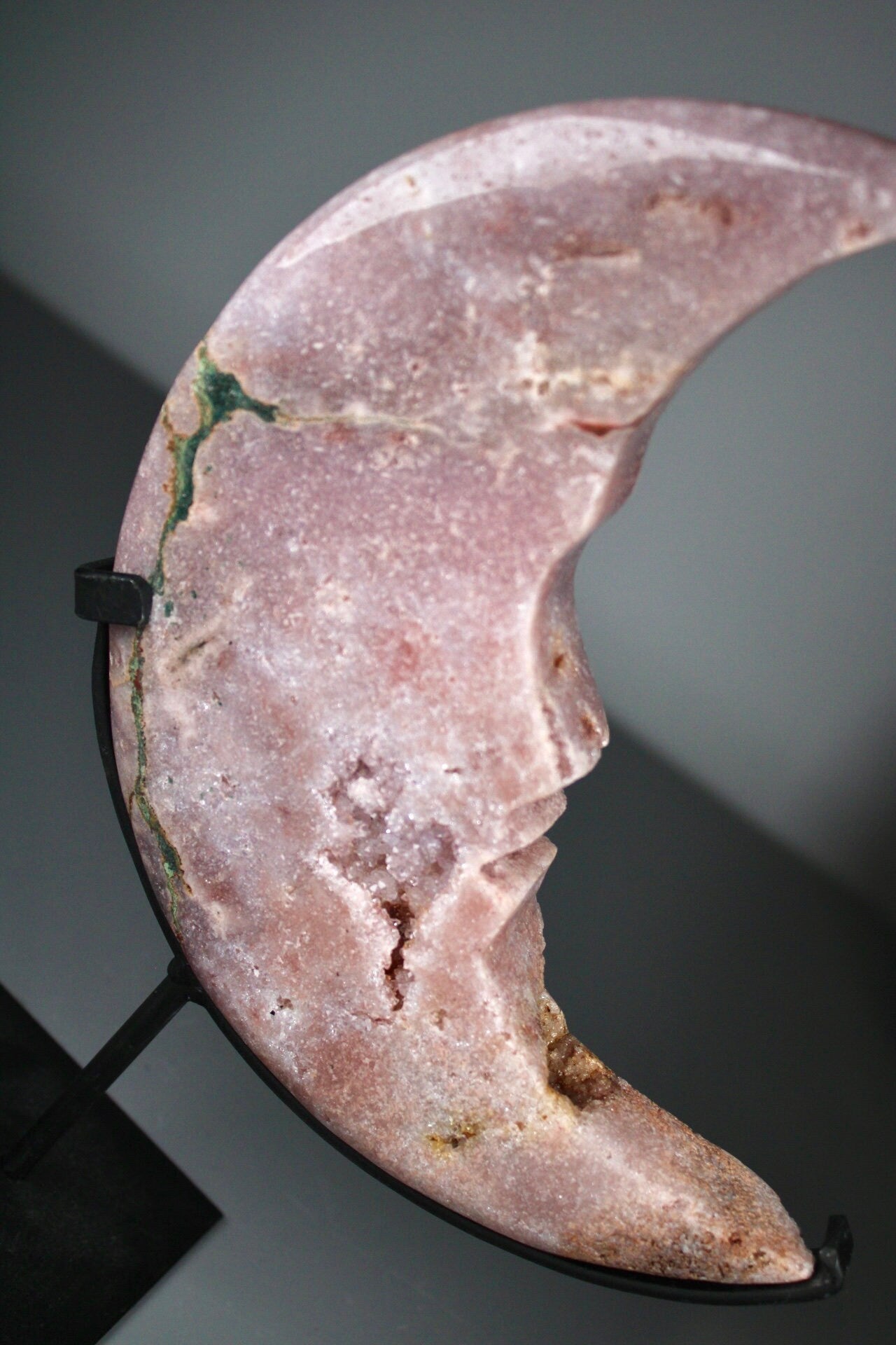 High quality, Pink amethyst, crescent moon with face, on stand from brazil with green jasper vein
