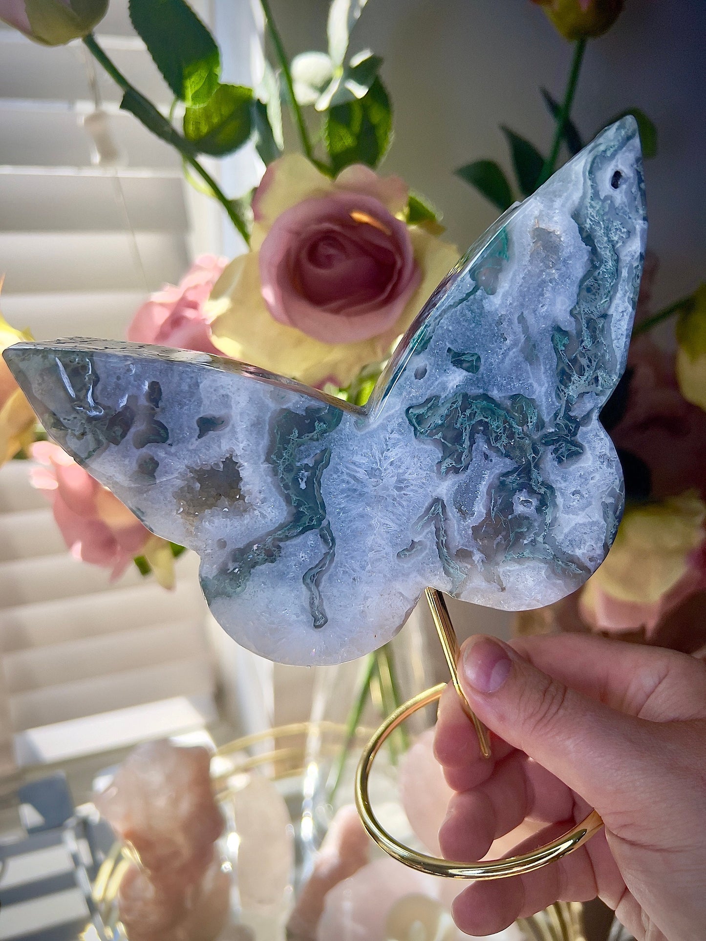 High grade, moss agate butterfly with gold pedestal stand