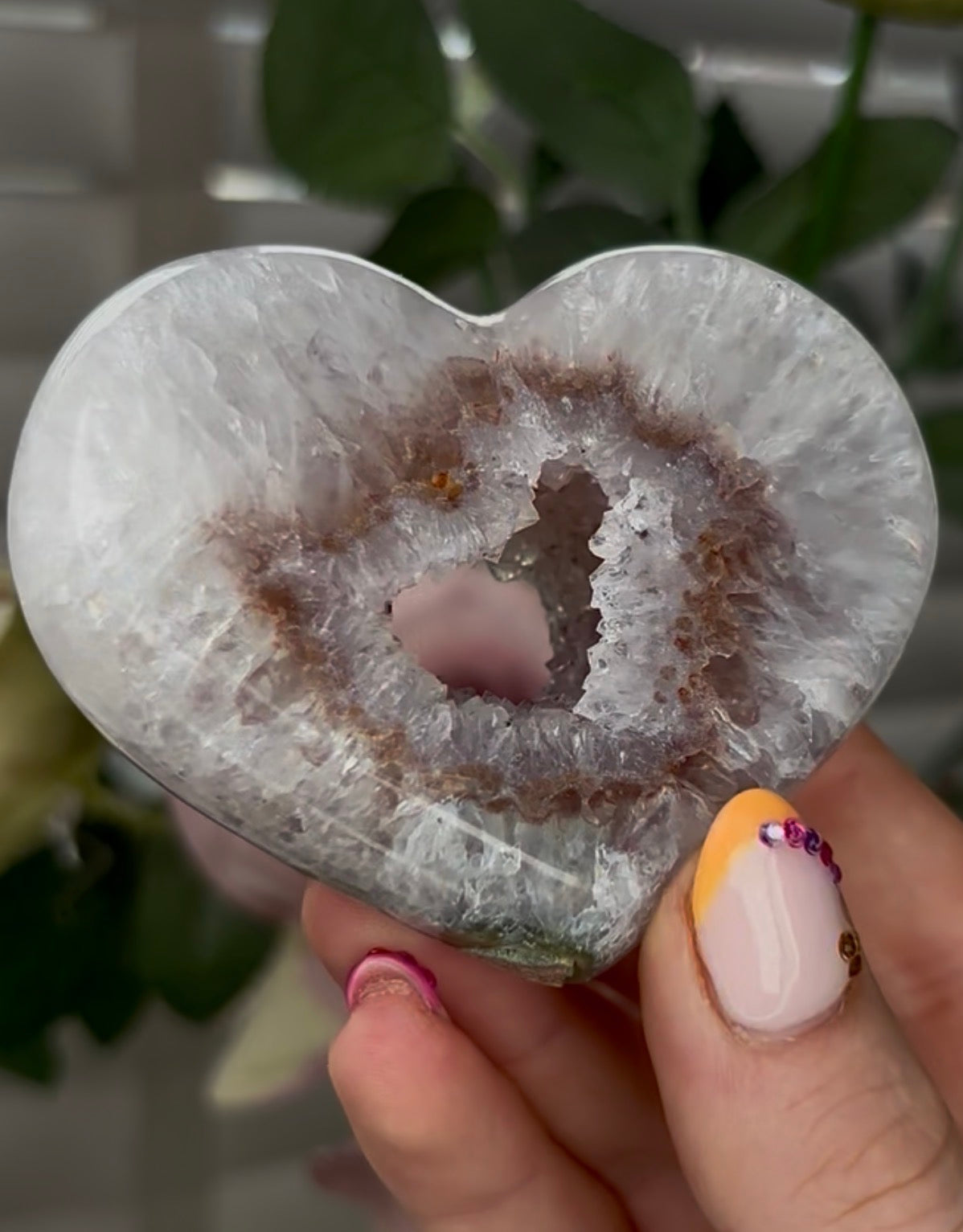 Beautiful, high grade, agate heart with druzy - comes with stand