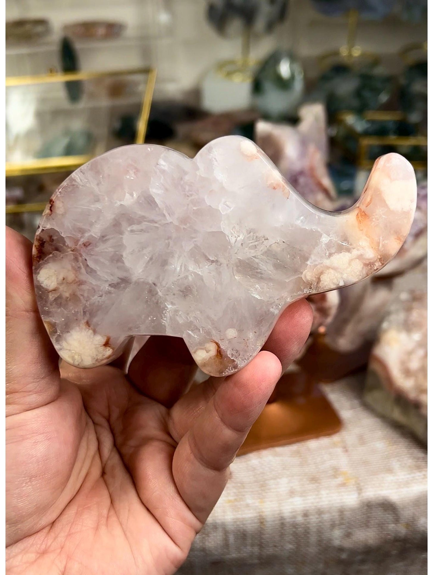 High grade, pink flower agate with high grade, quartz, freestanding, elephant