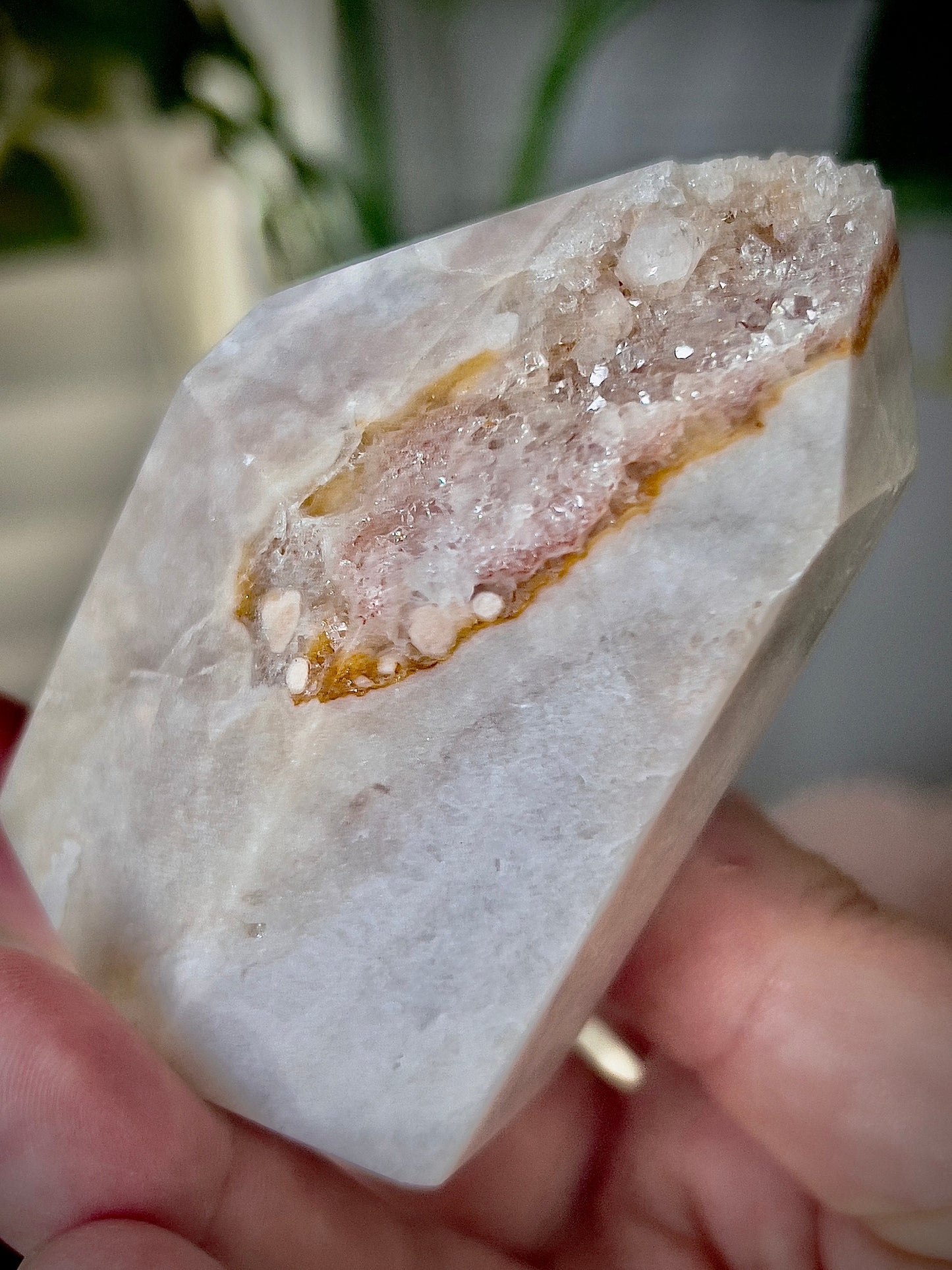 Stunning pink amethyst, tower with orange lining and high clarity quartz druzy