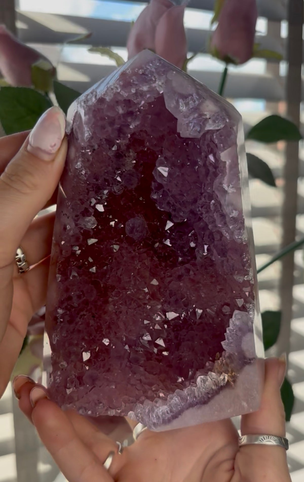 Beautiful, high quality, Pink amethyst tower in lilac tones with vibrant purple druzy