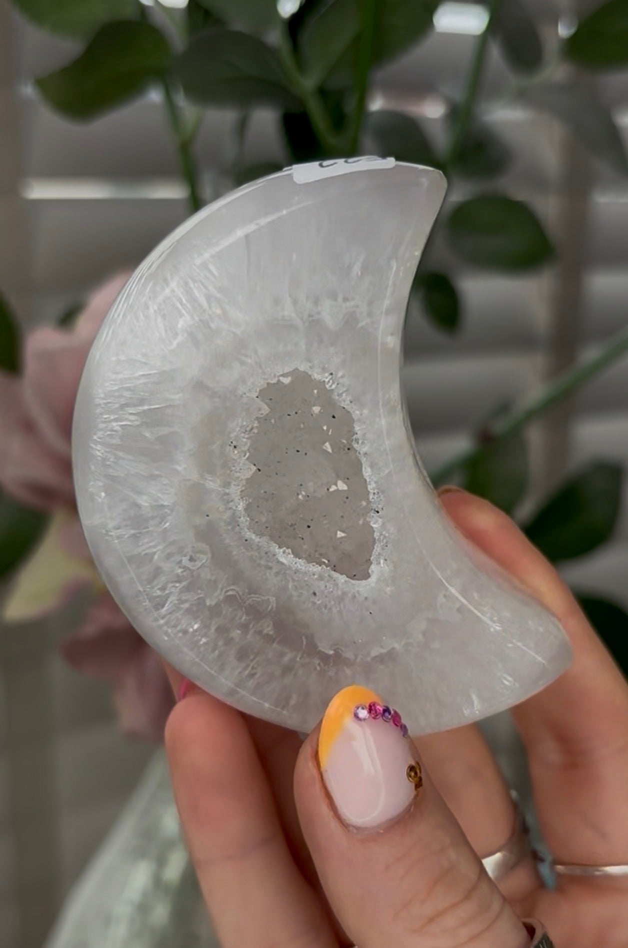 Beautiful, high grade, agate moon with druzy - comes with stand