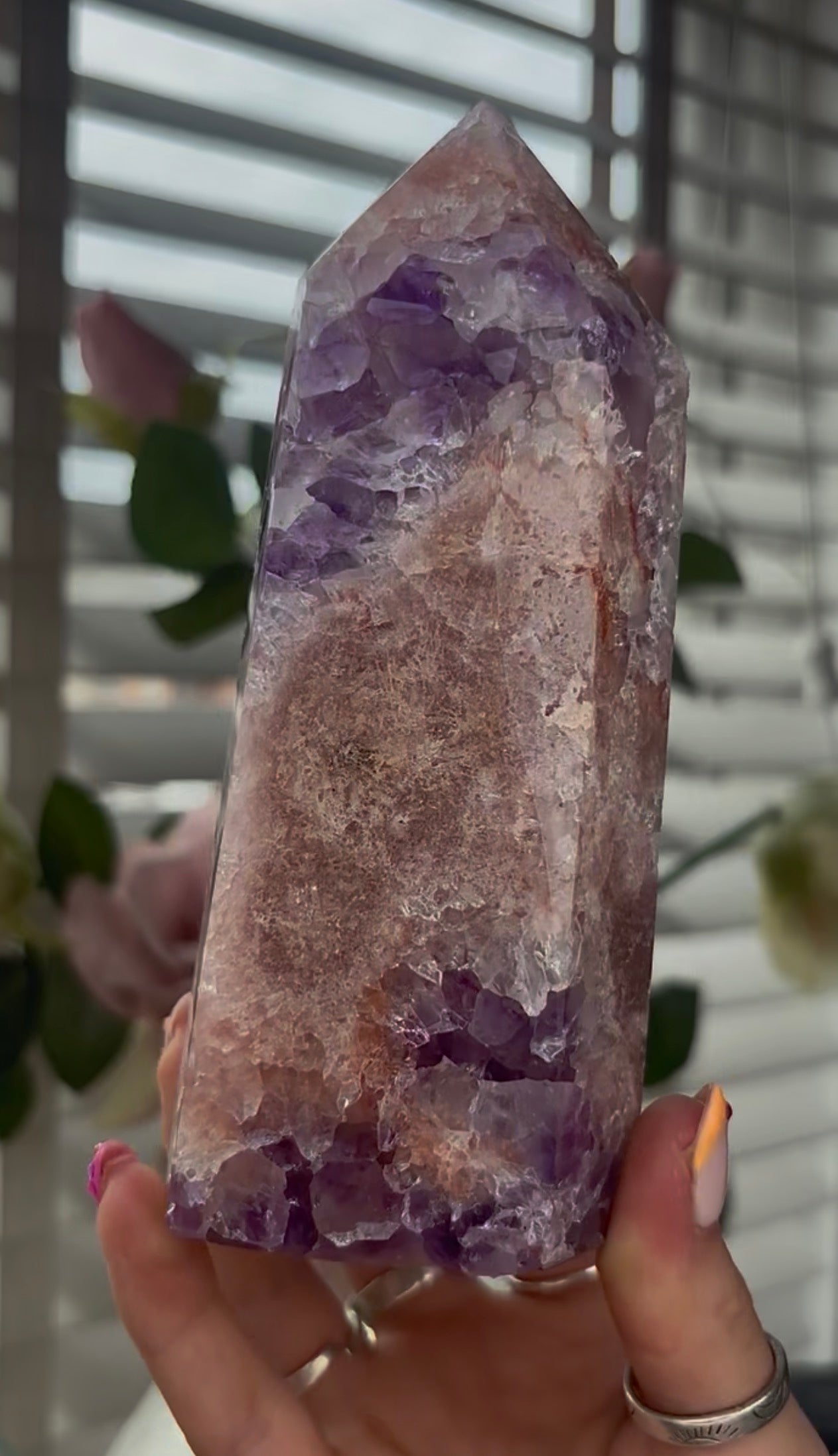 Beautiful, large, high quality, Pink amethyst tower with purple quartz