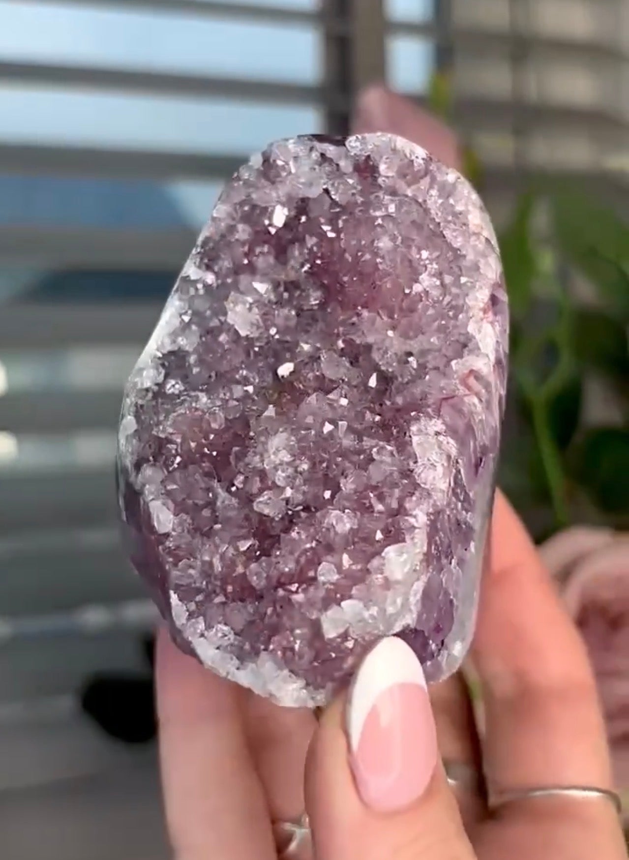 Light Pink rainbow amethyst on a purple & blue agate base
