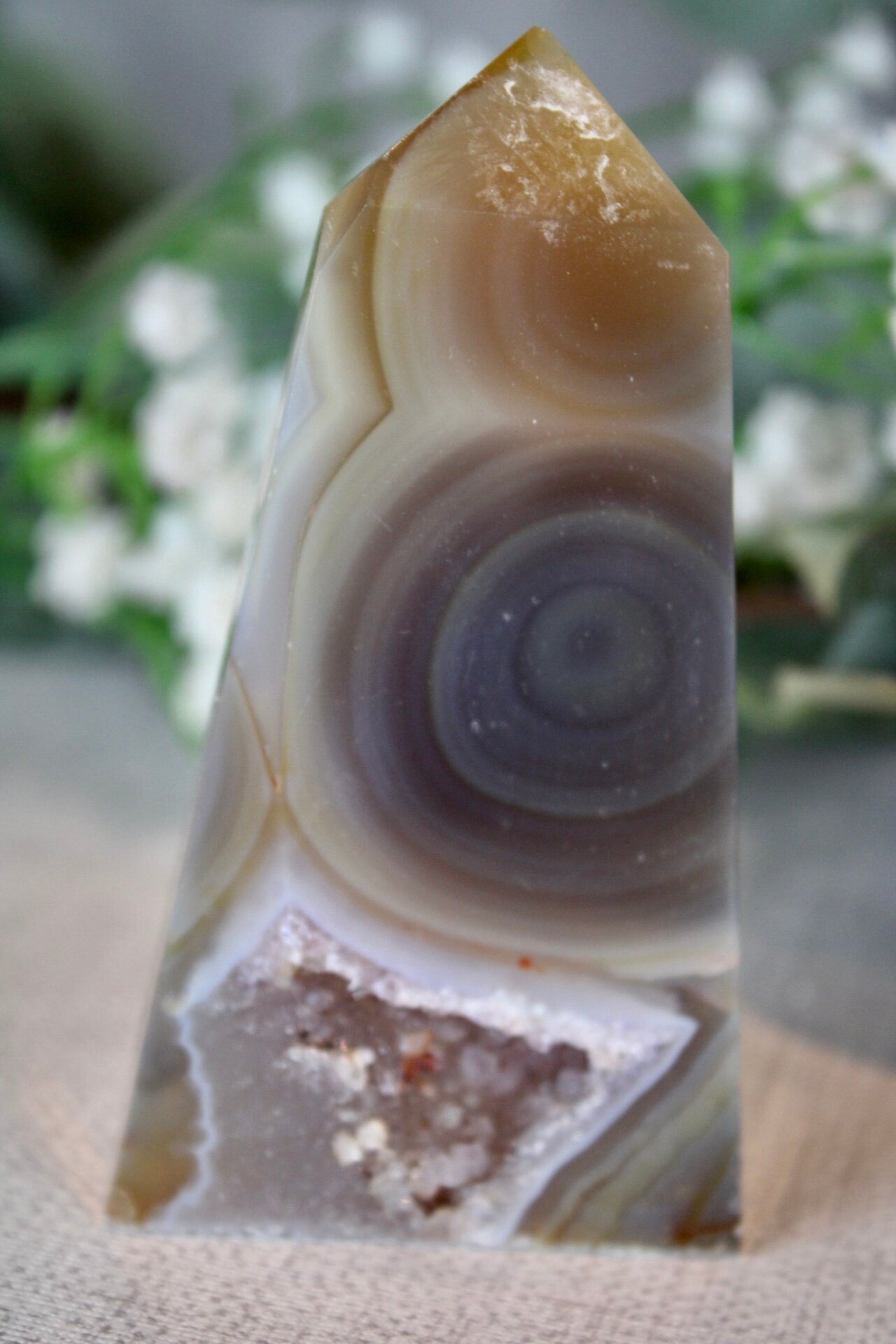 Natural agate tower slice with amethyst druzy