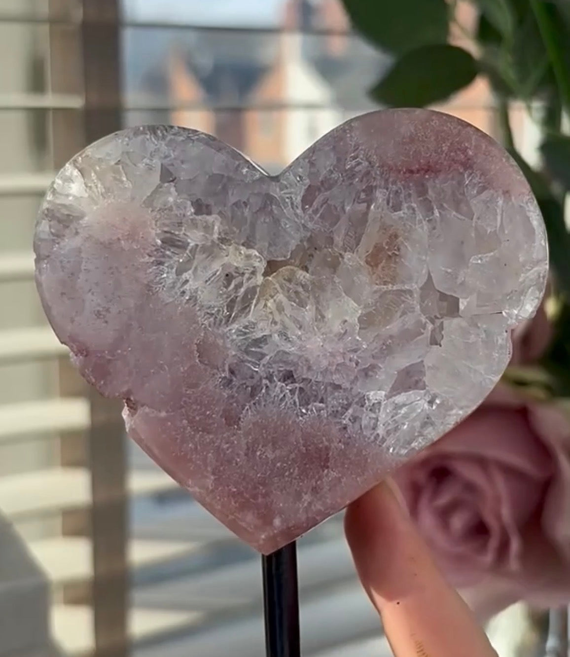 High quality pink amethyst heart with quartz - comes with stand