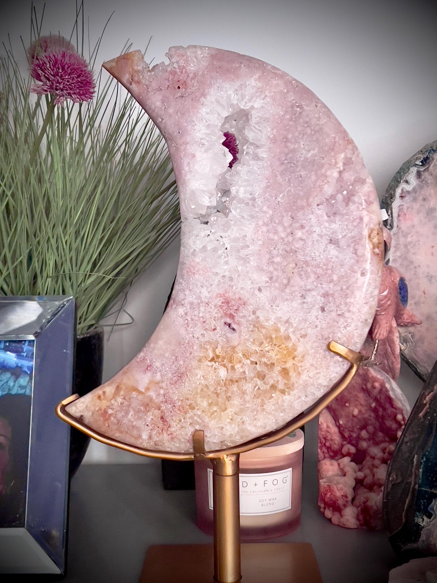 Incredible huge statement, high quality, Pink amethyst, moon with rainbow quartz & citrine inclusion, on spinning stand