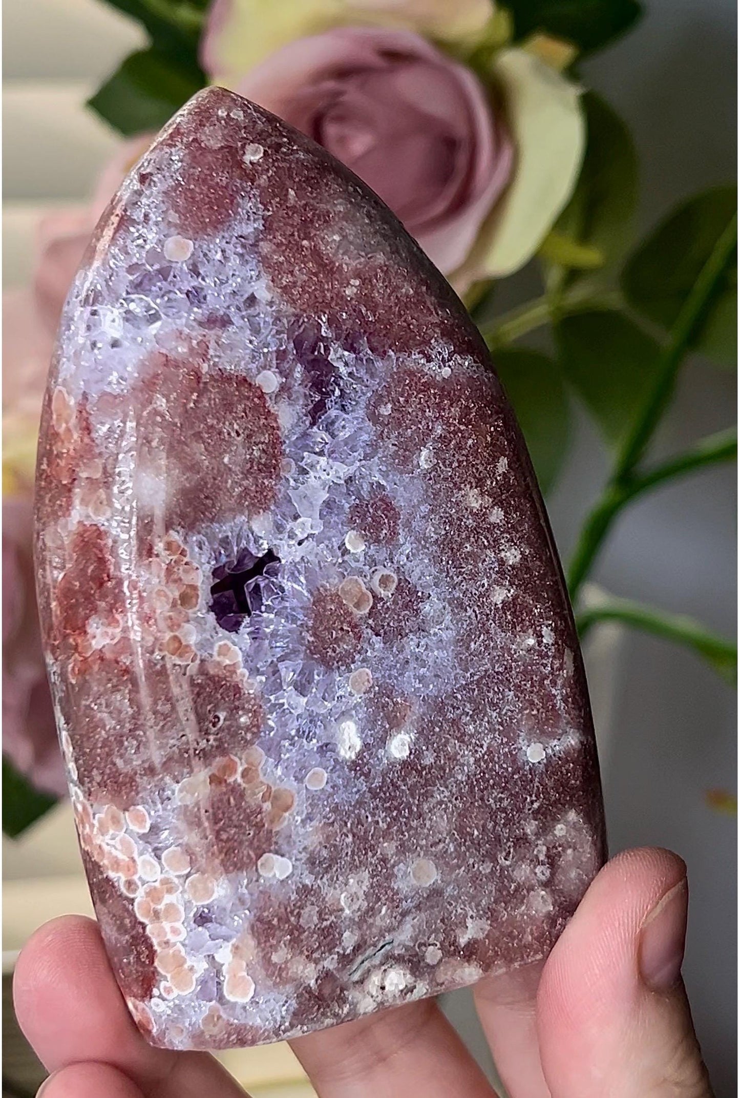 High grade, pink amethyst flame with purple quartz druzy 355g