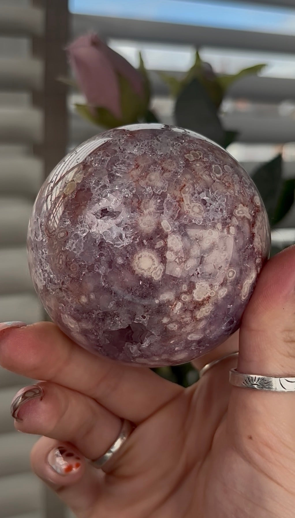 High grade, amethyst Flower agate sphere with high clarity quartz