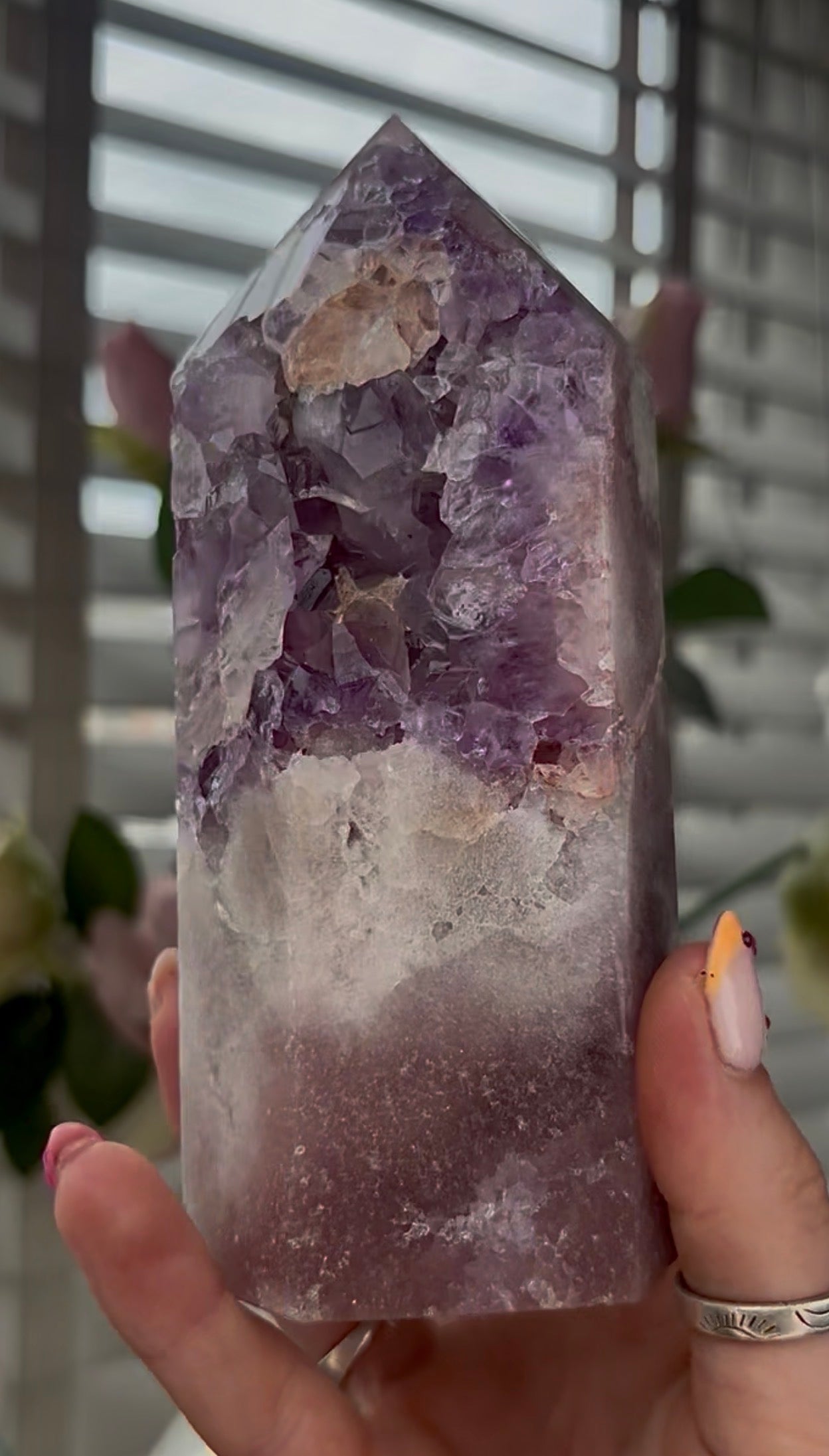 High quality, Pink amethyst tower, with purple quartz druzy
