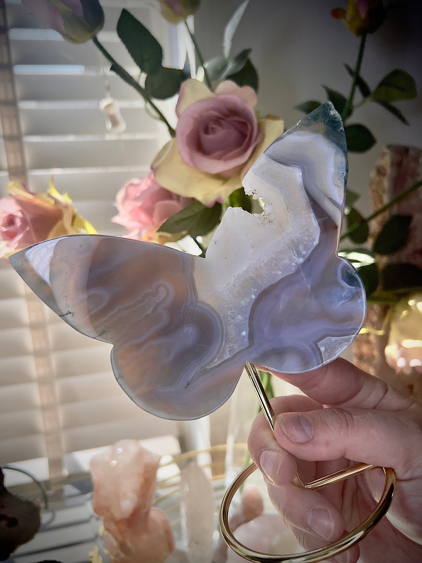 High grade, blue moss agate & quartz, butterfly with, gold pedestal stand