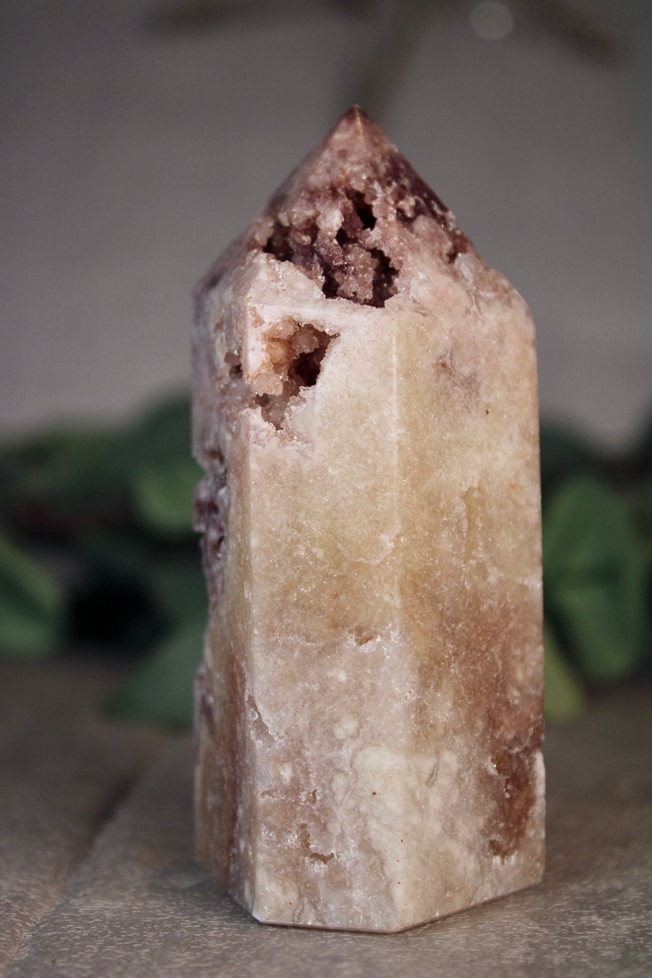 Golden, druzy, pink amethyst tower from brazil 300g 10.5cm (h)
