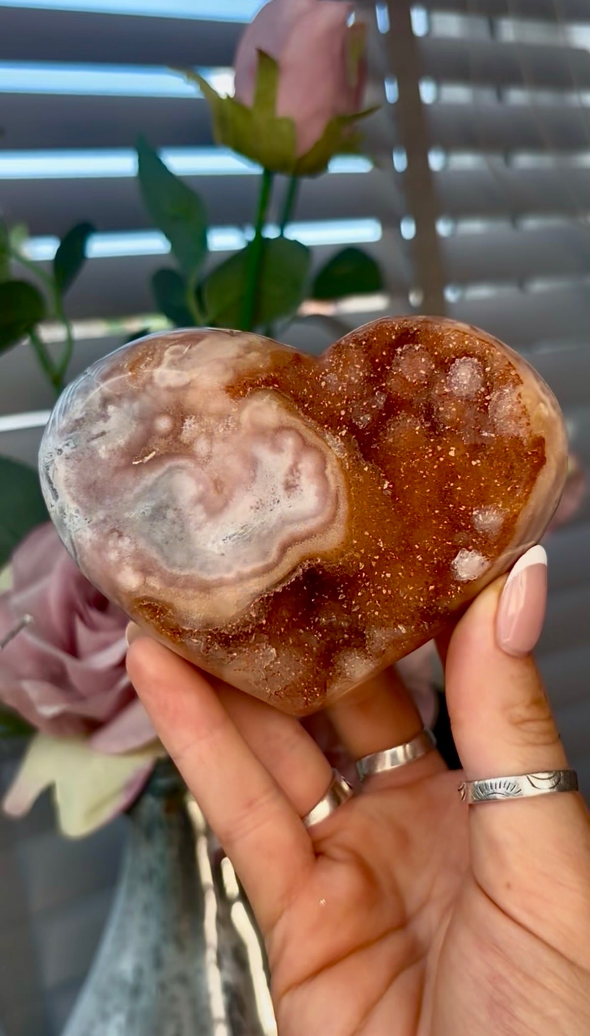 Gorgeous, druzy, golden pink amethyst heart with rutile back -comes with stand