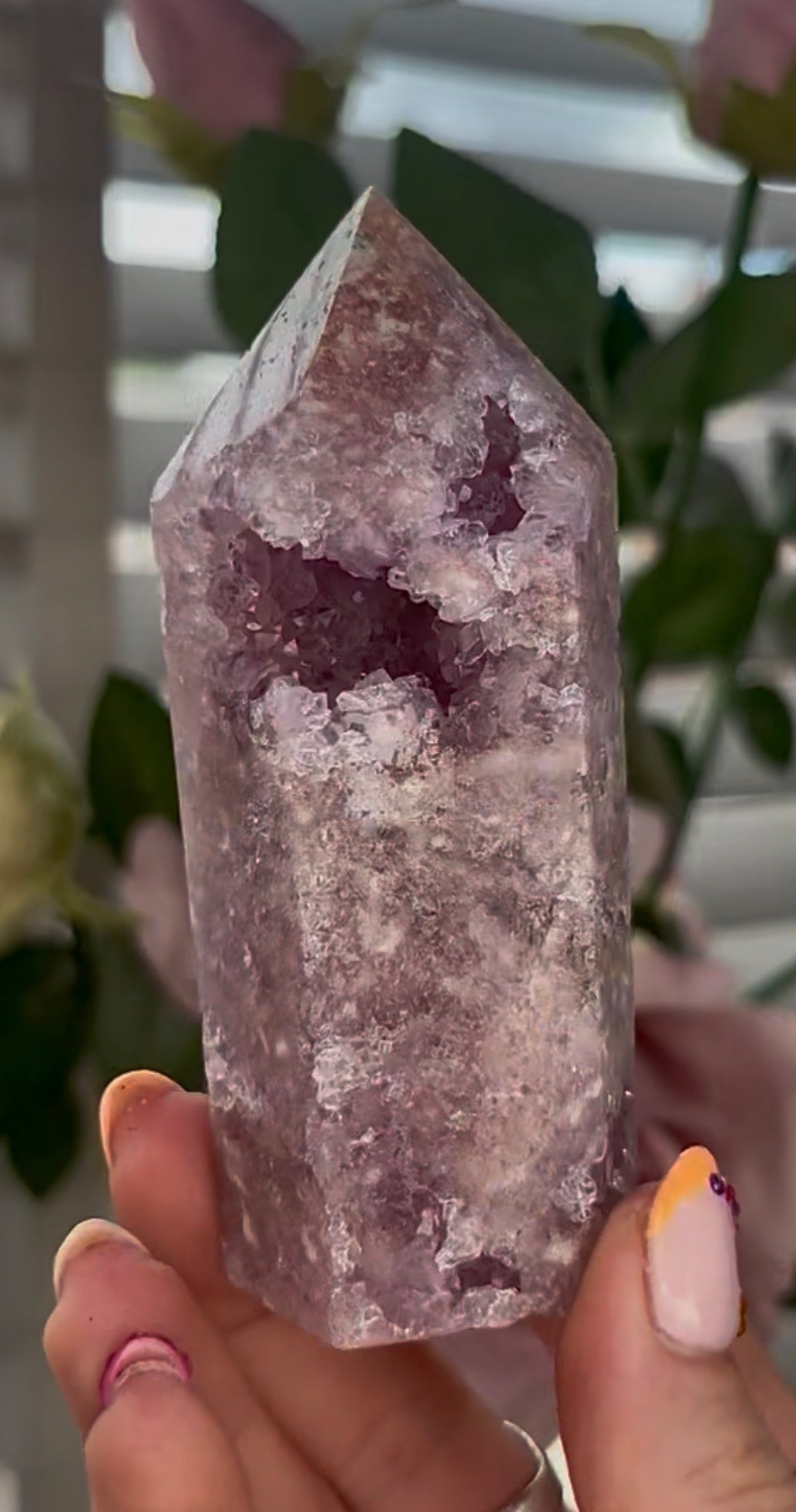 Pretty, Pink amethyst tower, with lilac quartz druzy