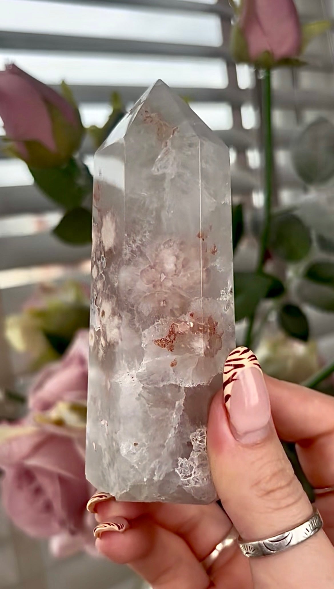 Stunning!! Super high quality, Druzy, green chlorite x blue flower agate tower